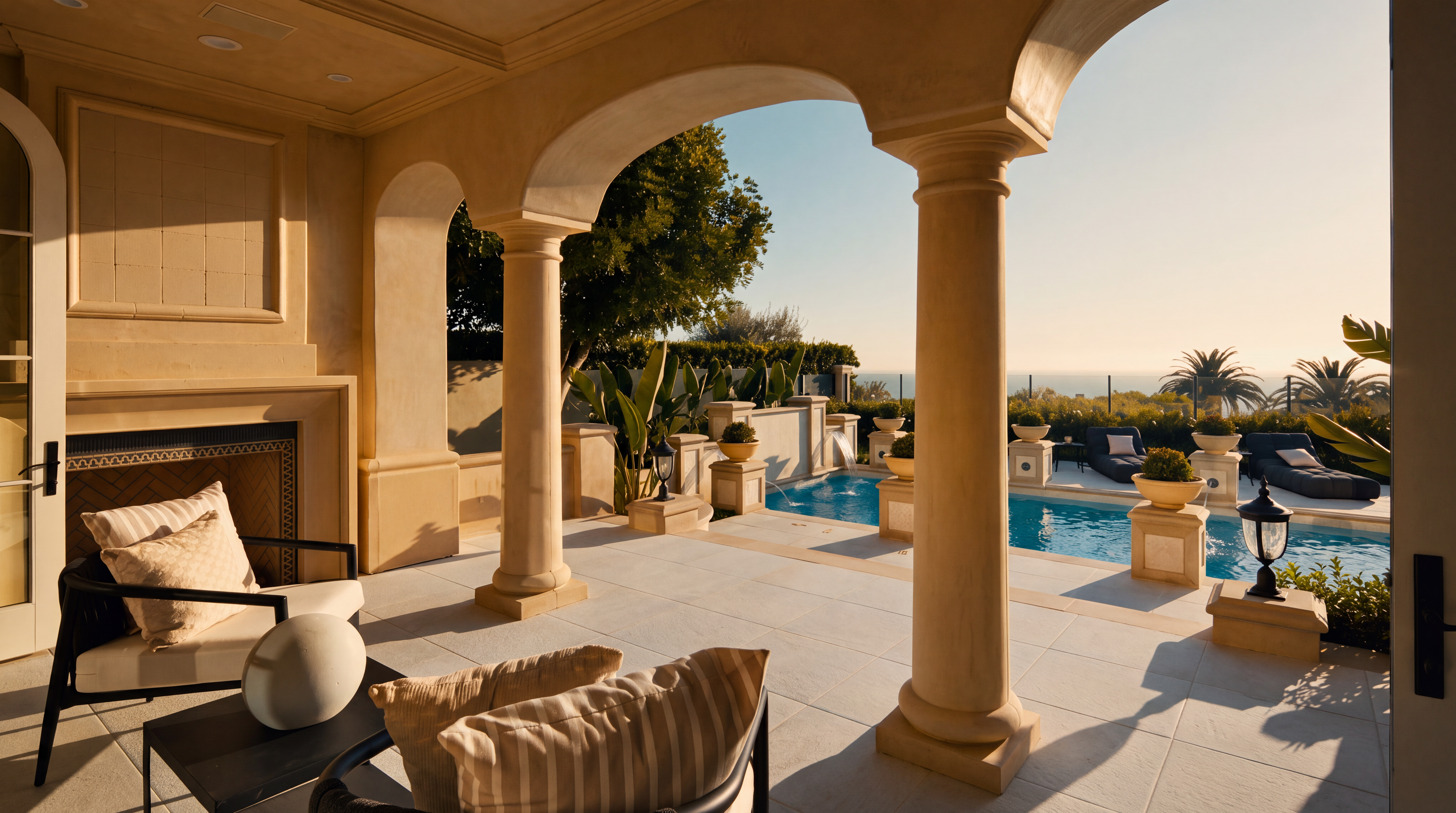 This luxurious covered patio features elegant arched columns and light-toned stone flooring, creating a seamless transition to the outdoor pool area. The space is furnished with comfortable lounge chairs and includes a built-in fireplace, offering a sophisticated setting for relaxation while overlooking the ocean horizon. The perspective captures the inviting indoor-outdoor flow, highlighting the resort-like atmosphere of the property.