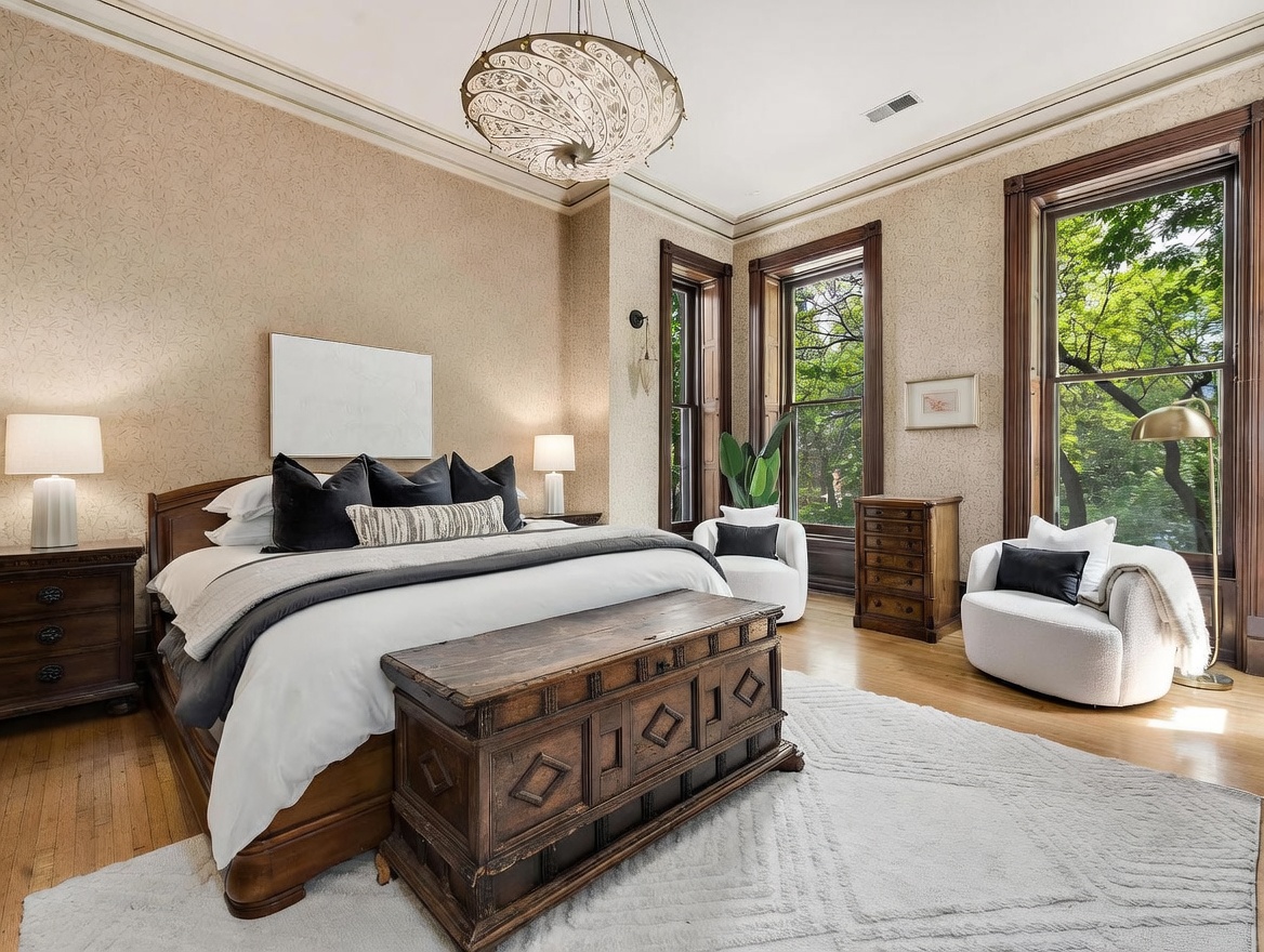 This elegant primary bedroom features a large wooden bed frame with dark bedding, complemented by a matching antique-style wooden chest at the foot of the bed. The room is bathed in natural light from tall windows that offer a view of lush green trees, and it is accented by a decorative chandelier and patterned wallpaper. Two plush white armchairs and a small wooden dresser complete the sophisticated, classic aesthetic of the space.