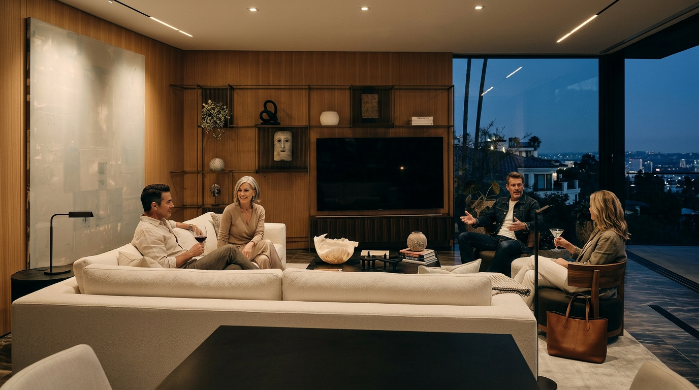 This sophisticated living room features warm wood-paneled walls, a plush cream-colored sofa, and a sleek, minimalist shelving unit integrated with a large flat-screen television. The space is bathed in natural light from floor-to-ceiling windows that offer a scenic view of the surrounding neighborhood, creating an airy and luxurious atmosphere. The composition is captured from a slightly elevated perspective, emphasizing the open-concept layout and the elegant, contemporary design aesthetic.