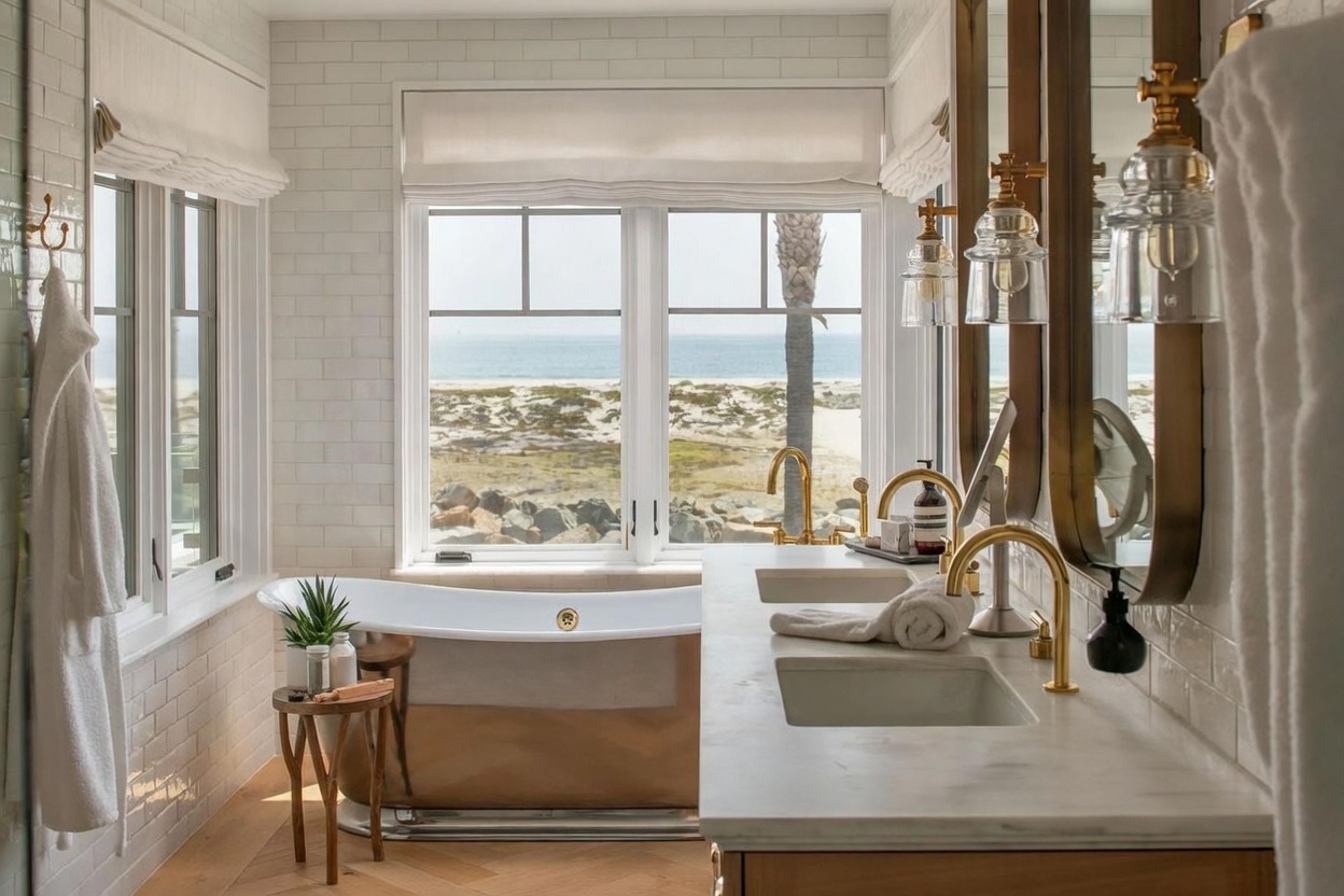 This luxurious primary bathroom features a freestanding metallic soaking tub positioned directly in front of a large window with a scenic ocean view. The vanity area includes dual sinks with gold-toned fixtures, set against a backdrop of white subway-tiled walls and warm-toned wood flooring. The space is illuminated by elegant glass pendant lights and mirrors, creating a bright, sophisticated, and serene coastal atmosphere.