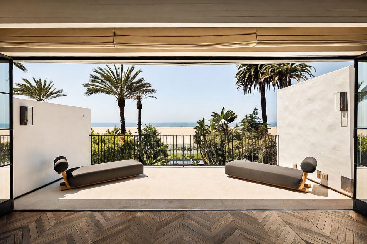 This balcony offers a seamless transition from the interior living space, featuring a herringbone wood floor that extends out to a light-toned stone deck. Two minimalist lounge chairs are positioned to take advantage of the panoramic ocean and beach views framed by palm trees. The space is defined by clean white walls and a sleek metal railing, creating a serene and modern outdoor retreat.
