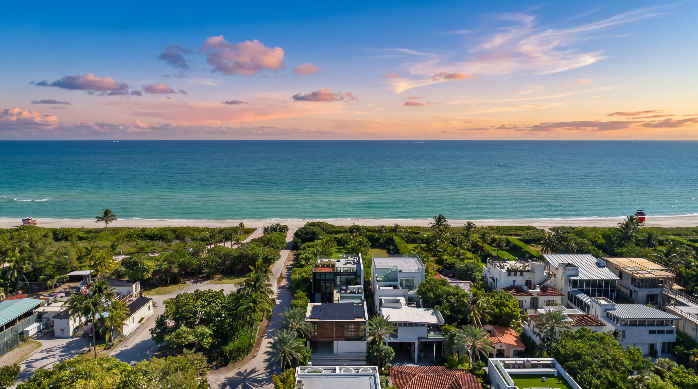 This high-angle aerial shot captures a modern, multi-level residence situated on a narrow, deep lot directly adjacent to a sandy beach and the ocean. The property features a contemporary architectural design with flat roofs, clean lines, and a private pool area, surrounded by lush tropical landscaping. The perspective emphasizes the prime coastal location, showcasing the seamless transition from the private residence to the expansive shoreline.