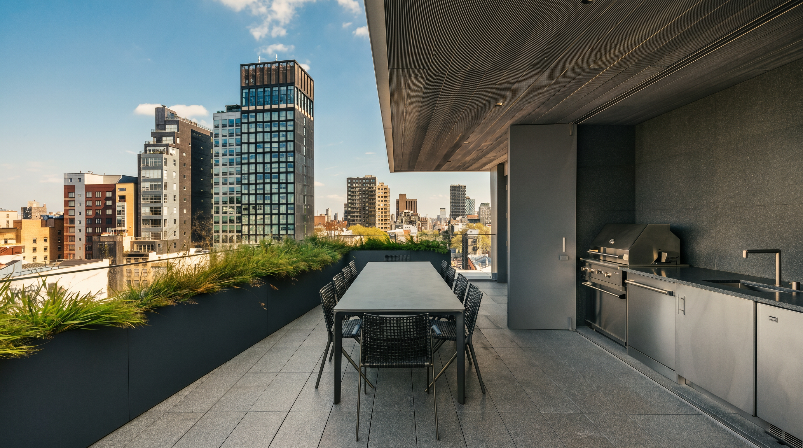 This expansive, modern outdoor terrace features a sleek dining area with a long table and contemporary mesh chairs, set against a backdrop of a dense urban skyline. The space includes a built-in stainless steel outdoor kitchen with a grill and sink, sheltered by a deep, textured ceiling overhang. A long, linear planter filled with ornamental grasses provides a natural border, creating a sophisticated and private atmosphere for elevated city living.