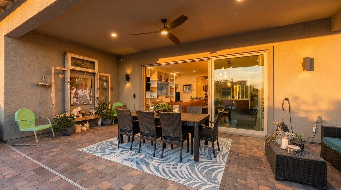 This covered outdoor patio features a stone-paver floor and a central dining area with a dark table and six chairs set atop a large blue and white patterned rug. The space is illuminated by recessed lighting and wall-mounted sconces, creating a warm, inviting atmosphere that flows seamlessly into the interior living space through large sliding glass doors. A lime green chair and decorative wall art add personality to the area, making it an ideal spot for evening relaxation or outdoor entertaining.