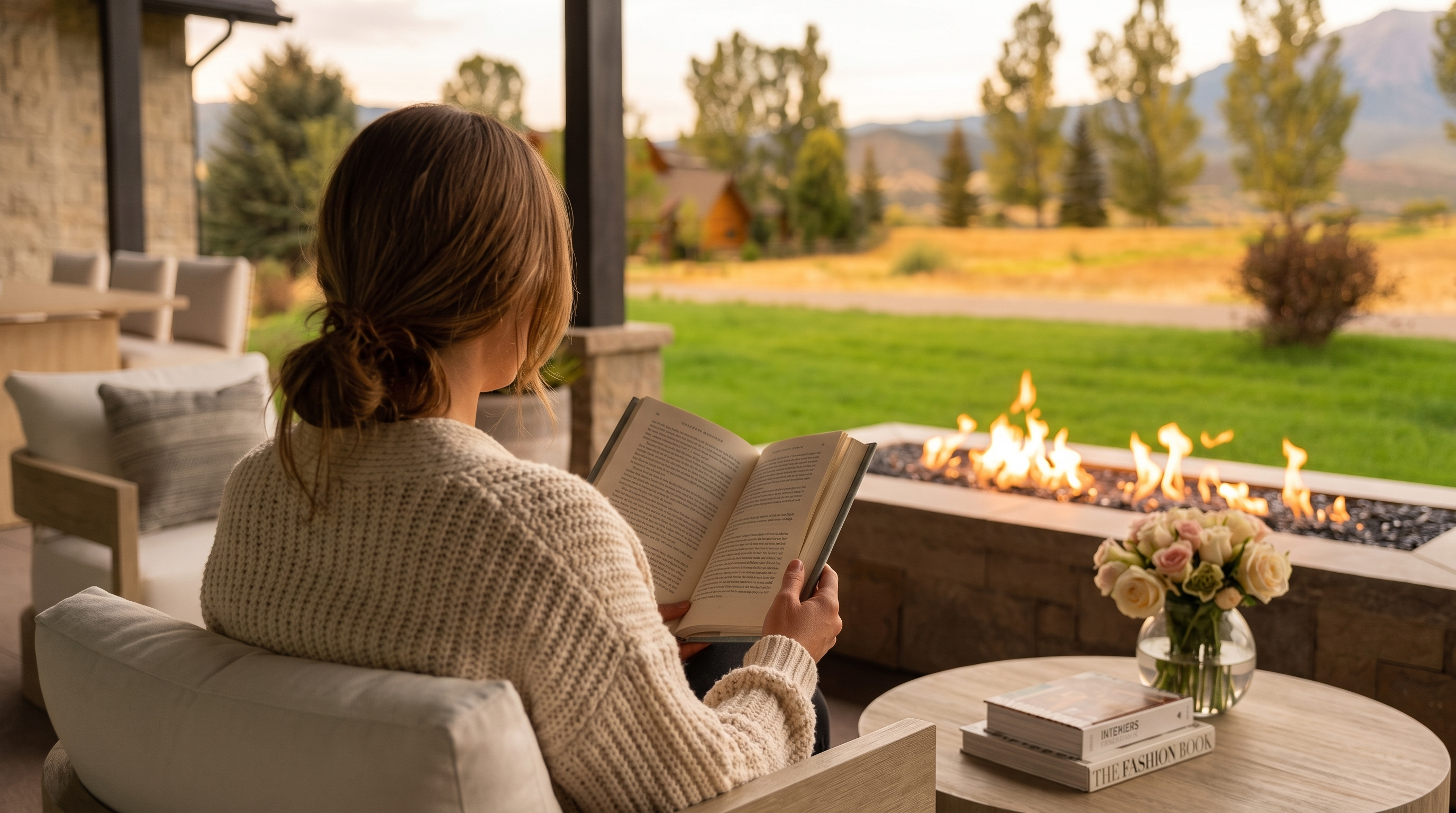 This serene covered patio features a contemporary linear gas fire pit and comfortable outdoor seating, providing an inviting space for relaxation. The area offers picturesque views of a lush green lawn and distant mountains, creating an ideal setting for indoor-outdoor living. The aesthetic is sophisticated and tranquil, emphasizing high-end design and a connection to the surrounding natural landscape.