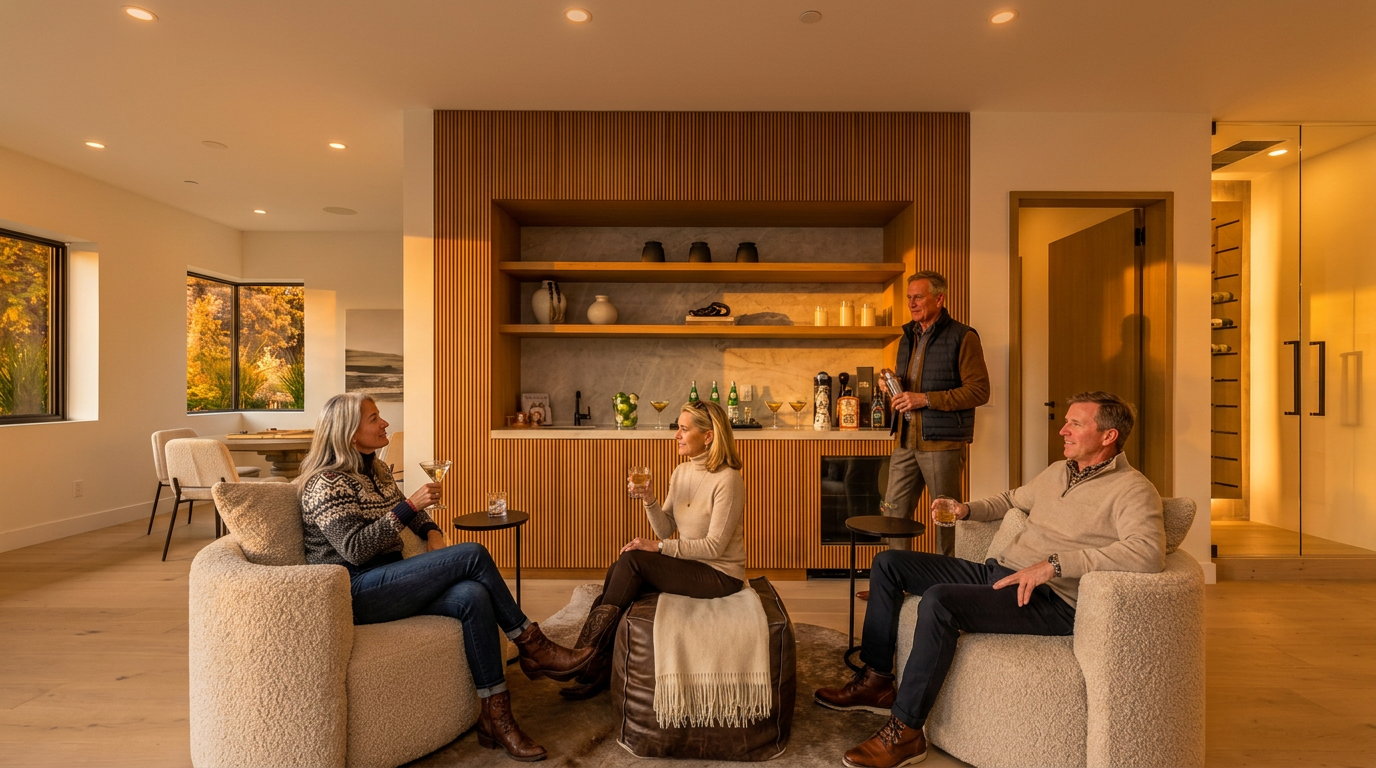 This sophisticated lounge area features a central built-in bar with light wood vertical slat detailing and open shelving against a stone-textured wall. Two plush, textured armchairs face a central leather ottoman, all resting on a cowhide rug, creating a cozy and inviting seating arrangement. The space is bright and airy, with light-toned wood flooring and a glimpse into an adjacent dining area through an open floor plan.
