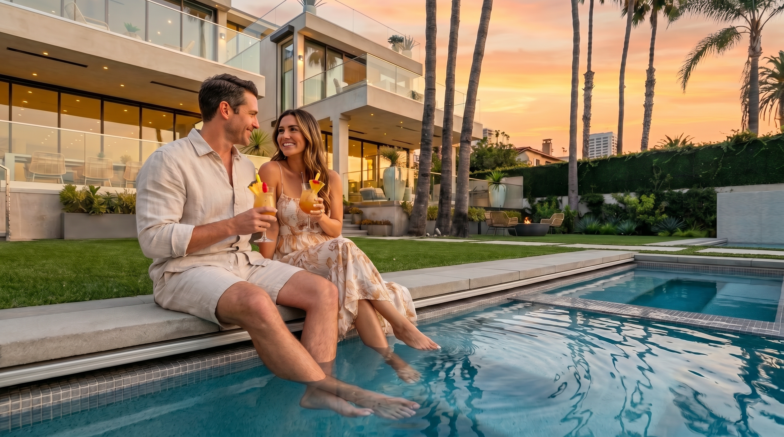 This modern luxury residence features a multi-level design with expansive glass walls and balconies overlooking a meticulously landscaped backyard. The outdoor space is anchored by a large, rectangular swimming pool and a separate spa, surrounded by concrete pavers and manicured lawn. Tall palm trees frame the property, creating a resort-like atmosphere that emphasizes seamless indoor-outdoor living.