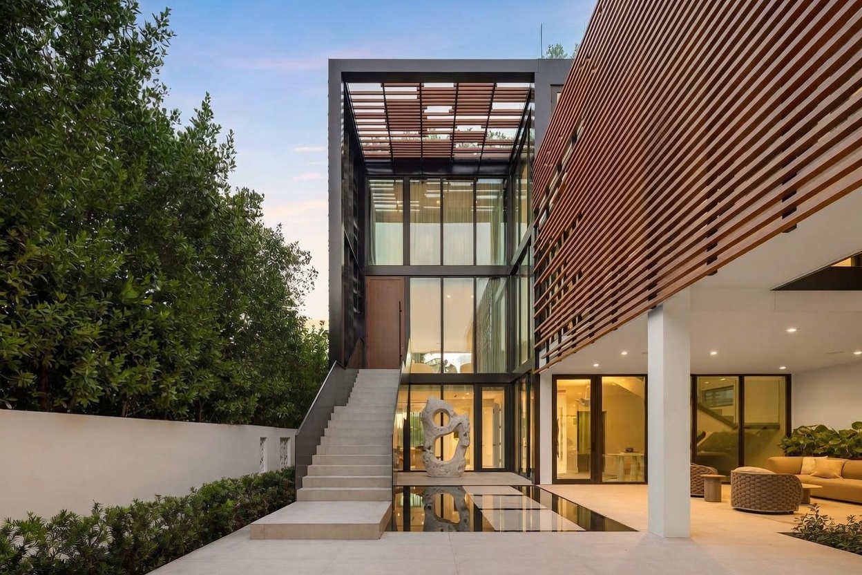 This striking modern residence features a dramatic entryway characterized by a tall, glass-enclosed structure and a prominent staircase leading to the front door. The exterior combines horizontal wood-slat siding with clean, geometric lines and a reflective water feature at the base of the stairs. A covered outdoor lounge area is visible to the right, creating a seamless transition between the indoor and outdoor living spaces.