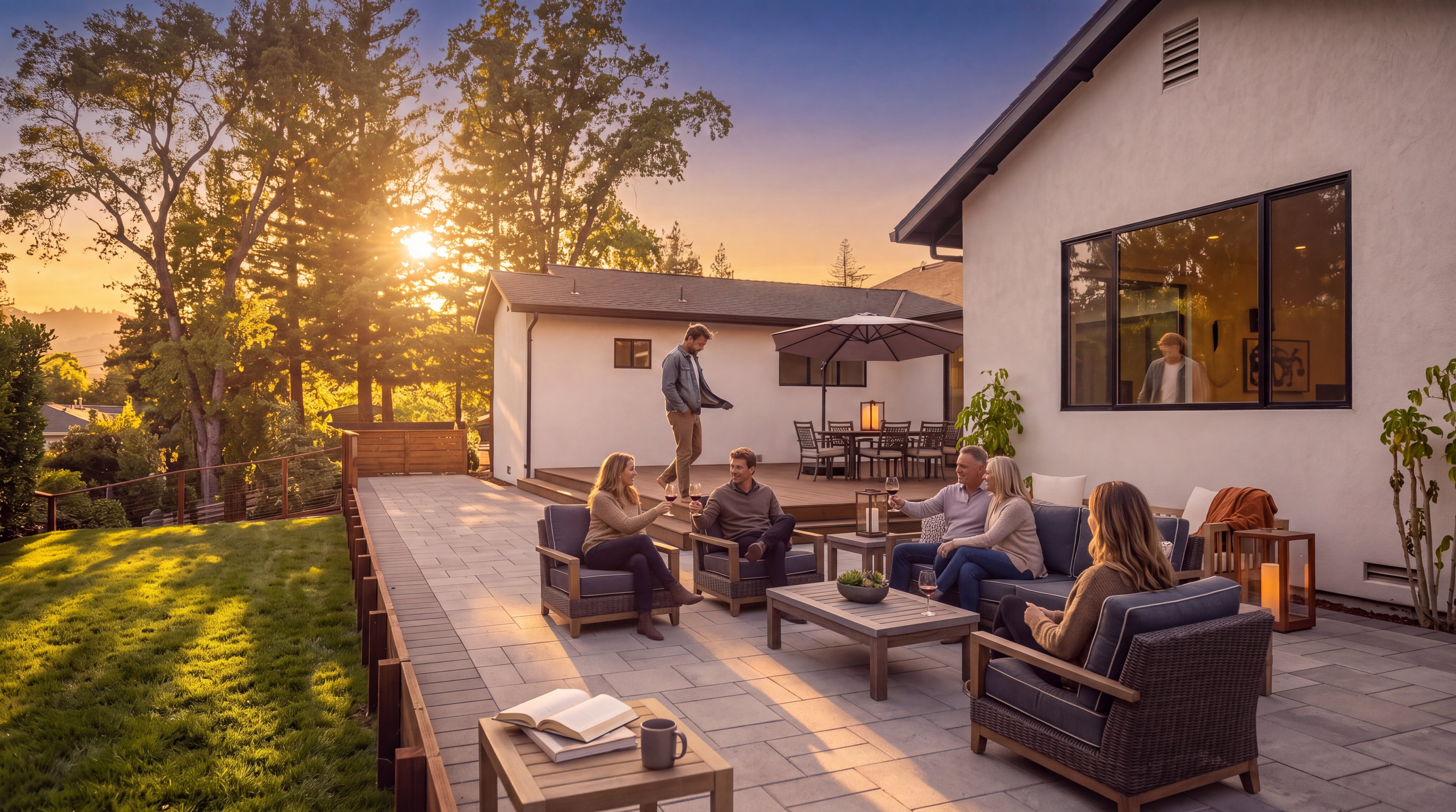 This rear exterior view showcases a spacious, multi-level backyard featuring a large paved patio area and a well-manicured artificial turf lawn. The home is a light-colored, single-story structure with a clean, modern aesthetic, complemented by tiered wooden retaining walls and stone-accented steps leading up to the patio. The scene is framed by mature trees and a wooden privacy fence, creating a serene and private outdoor living space.