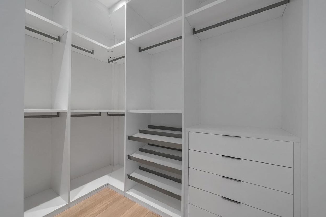 This walk-in closet features a clean, minimalist aesthetic with crisp white cabinetry and shelving throughout. The space includes a combination of hanging rods, open shelving, a set of four drawers, and a section of angled shoe racks, all set against light wood-toned flooring. The perspective is from the entrance of the closet, showcasing the organized storage layout and bright, neutral design.