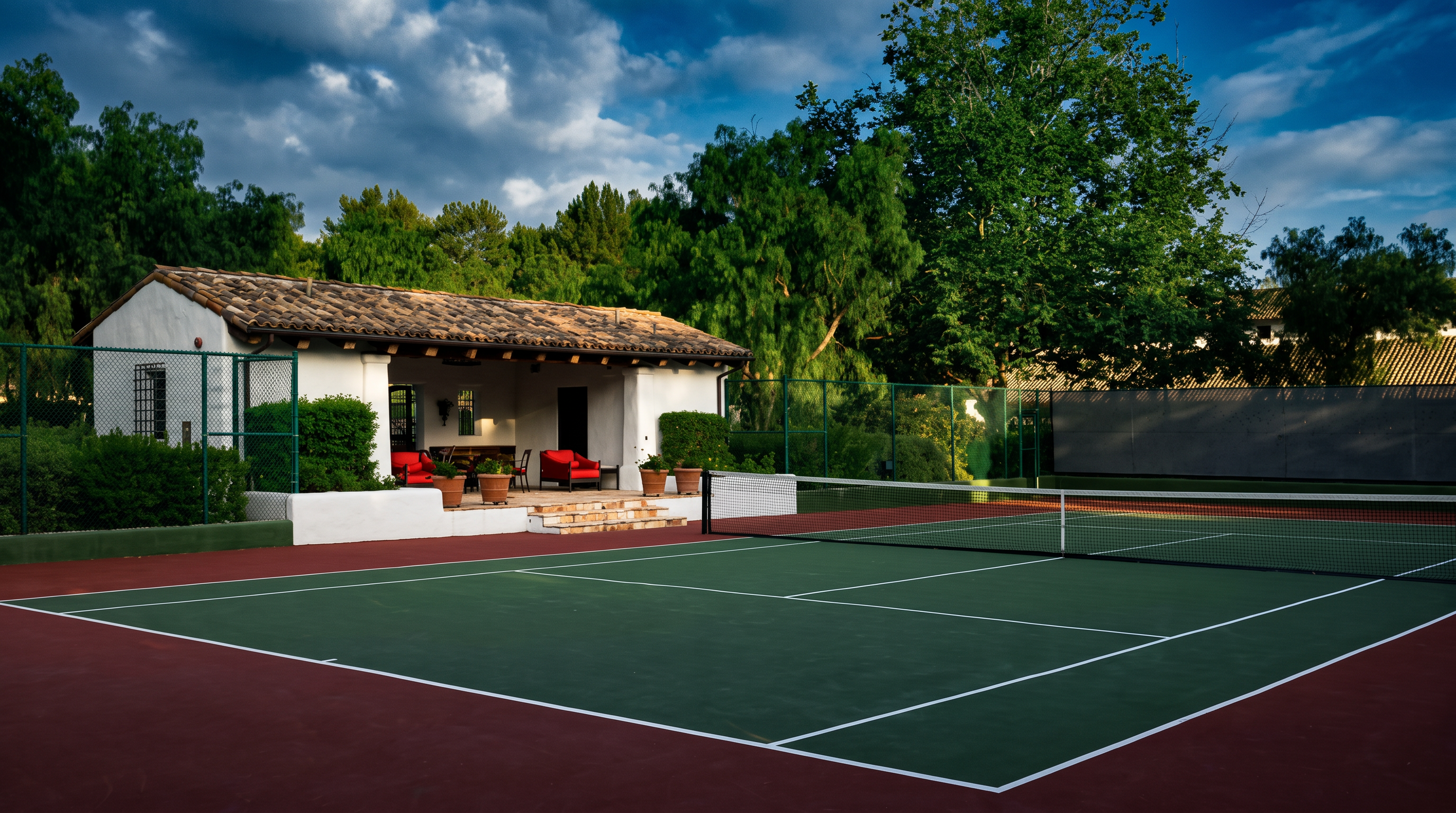 This image captures a private tennis court featuring a green playing surface with red borders, enclosed by high chain-link fencing. Adjacent to the court is a covered, open-air pavilion with a tiled roof, furnished with red seating, providing a comfortable space for spectators or relaxation. The scene is set against a backdrop of mature trees and clear blue skies, suggesting a high-end residential property with recreational amenities.