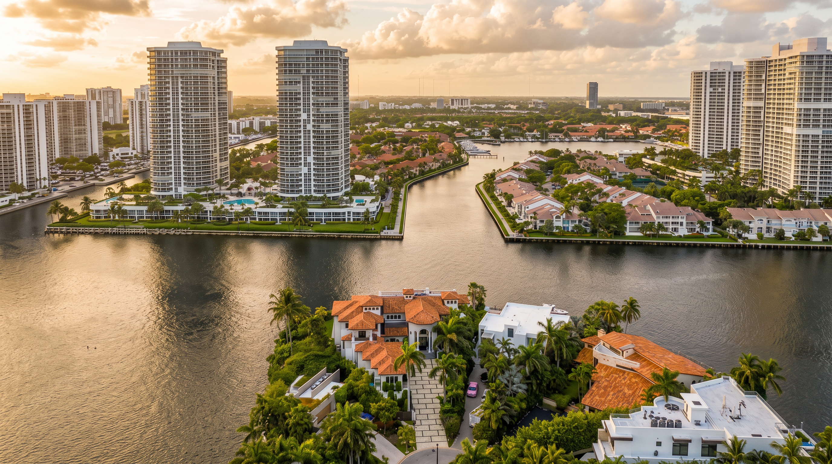 This high-angle aerial view captures a luxurious waterfront residential area in a tropical setting, featuring a prominent Mediterranean-style villa with a terracotta-tiled roof at the center. The property is surrounded by lush landscaping and sits along a calm waterway, flanked by modern high-rise residential towers and dense suburban housing. The perspective provides a comprehensive look at the neighborhood's layout, emphasizing the prime waterfront location and the contrast between the single-family estate and the surrounding urban density.