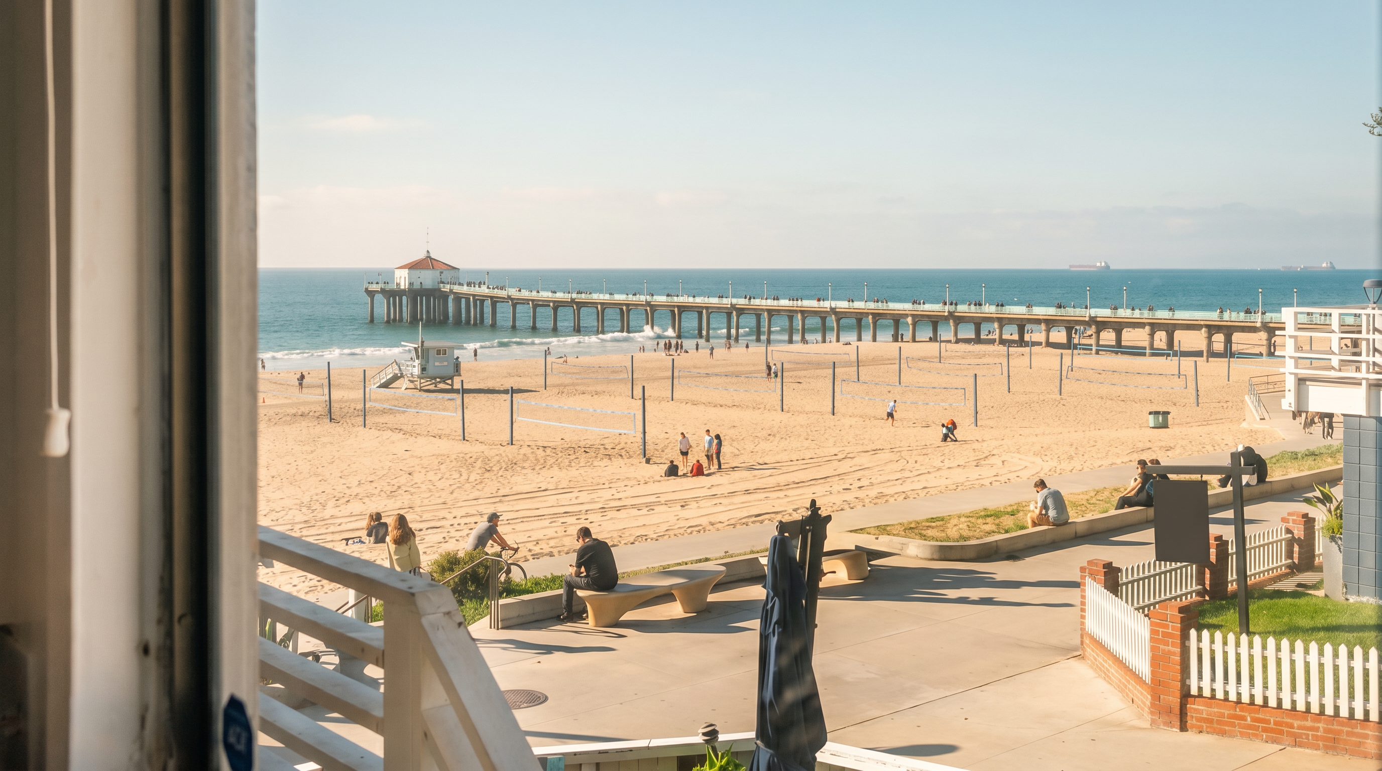 This view is captured from an elevated balcony, looking out over a bustling beach scene and a prominent pier extending into the ocean. The foreground features a white railing and a portion of the building's structure, framing the expansive coastal vista. Below, the sandy beach is populated with volleyball nets and people enjoying the sunny day, creating a vibrant and desirable atmosphere.