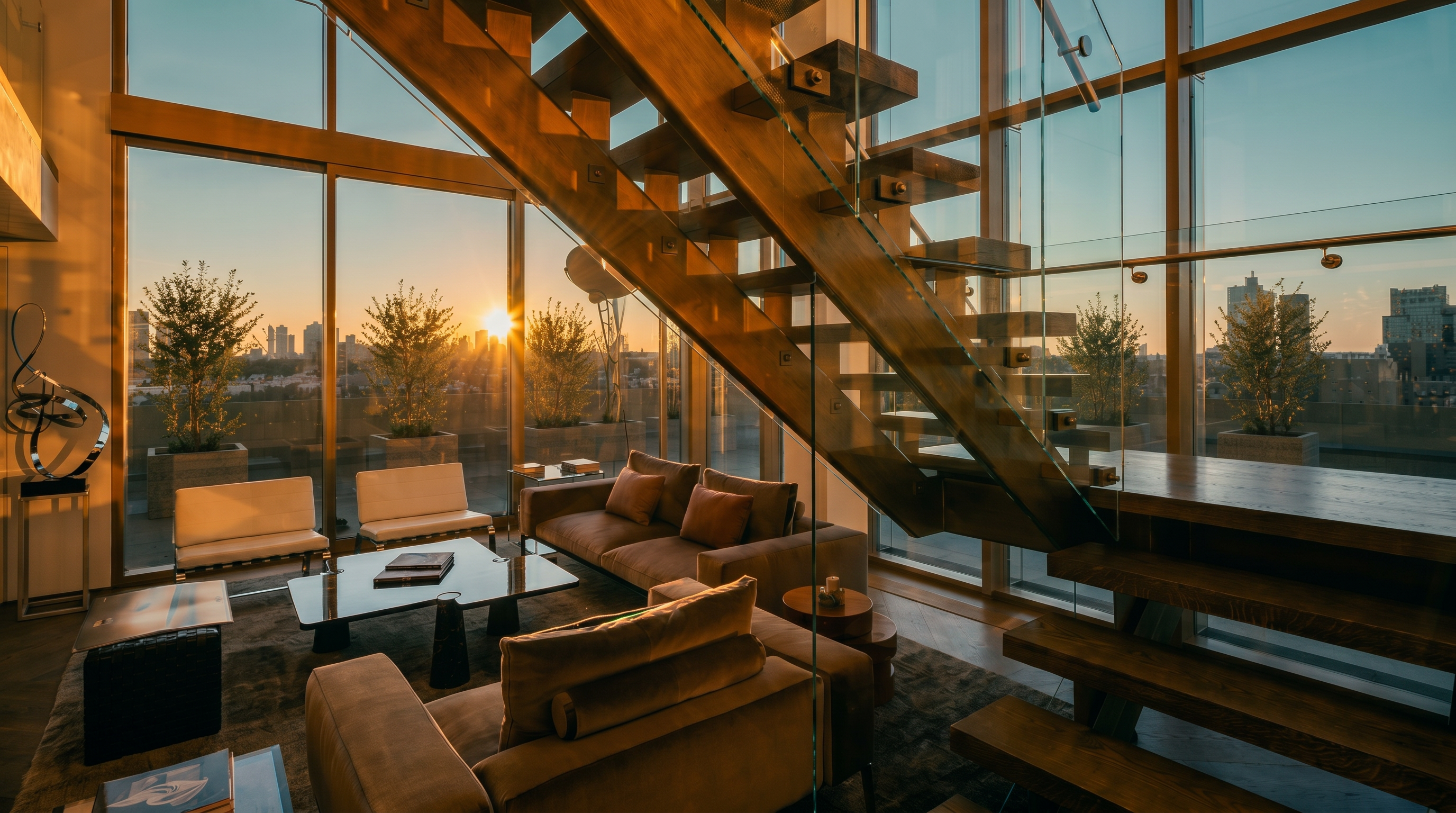 This sophisticated living room features a striking open-tread wooden staircase that serves as a central architectural focal point. The space is defined by expansive floor-to-ceiling windows that offer a panoramic view of the city skyline at sunset, bathing the room in warm, golden light. The interior is furnished with plush, neutral-toned seating and a modern coffee table, creating an elegant and airy atmosphere.