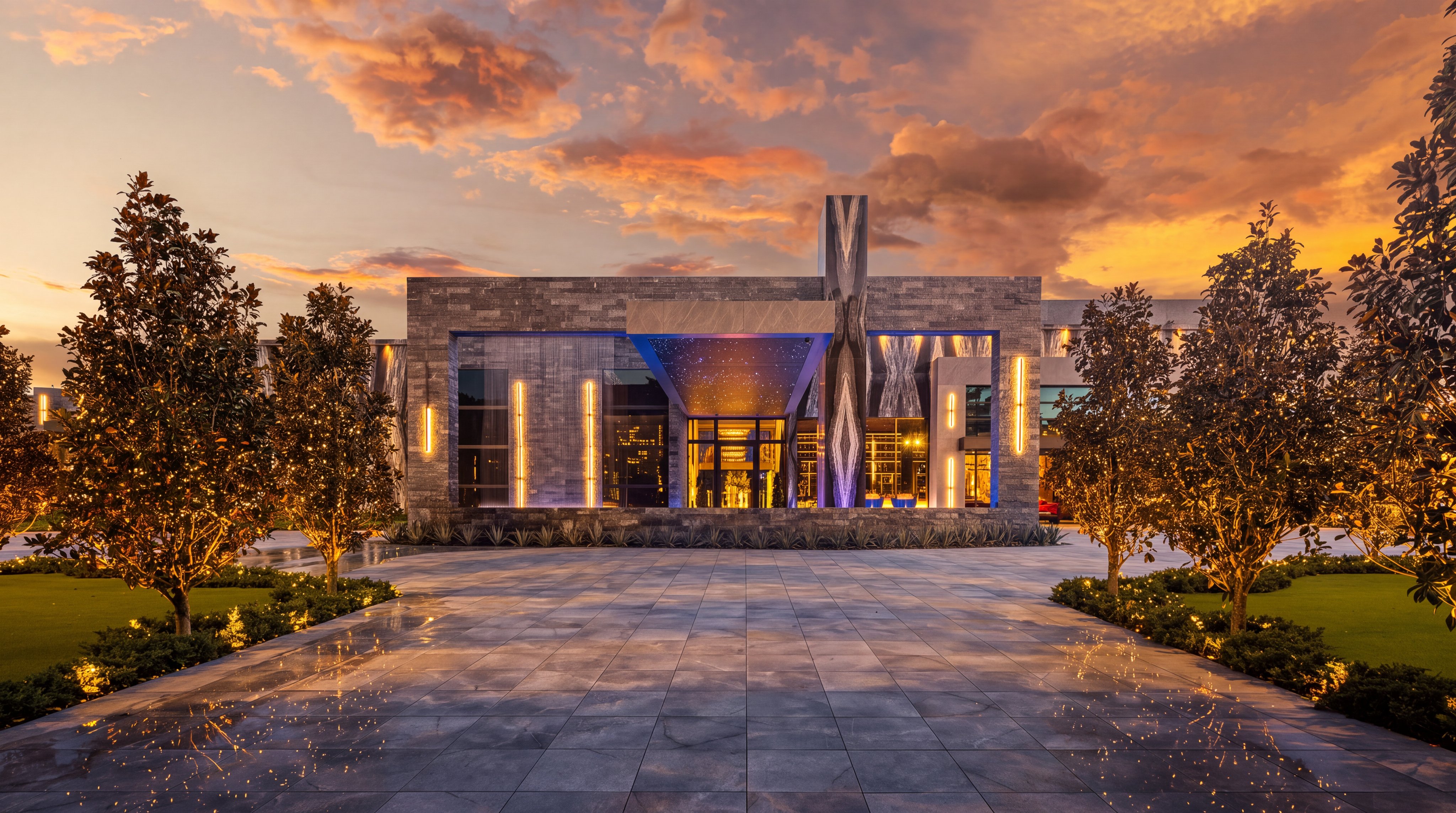 This striking modern estate features a grand, symmetrical facade characterized by clean lines, stone cladding, and dramatic architectural lighting. A wide, paved driveway leads to a prominent entryway sheltered by a cantilevered overhang, while integrated water features and lush landscaping frame the structure. The scene is captured at dusk, with the warm glow of the interior and exterior lights contrasting beautifully against a vibrant, colorful sunset sky.
