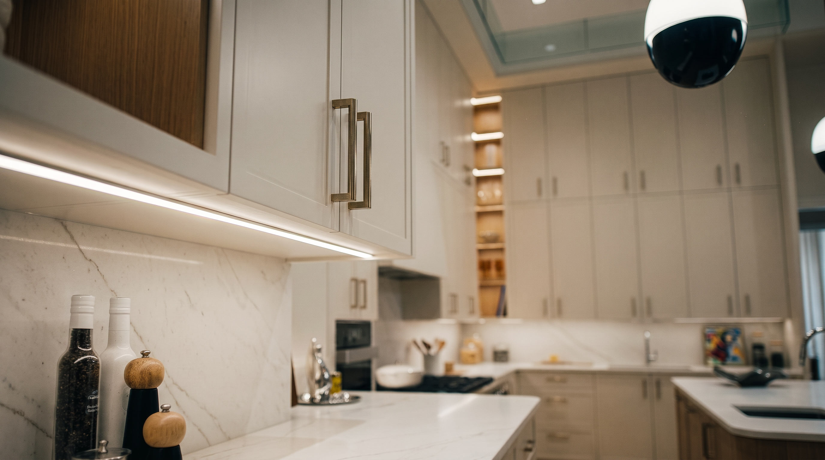 This elegant, high-end kitchen features sleek white cabinetry with gold-tone hardware and warm under-cabinet lighting. The marble-veined countertops and backsplash provide a sophisticated, clean aesthetic, while open shelving offers a polished display area. The space is well-designed with modern fixtures and a bright, inviting atmosphere characteristic of a luxury residential kitchen.