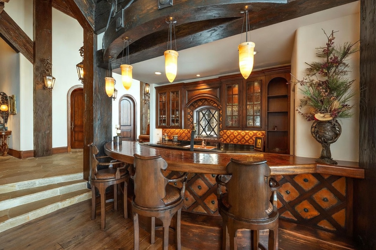 This image showcases a rustic, custom-built home bar area featuring rich, dark wood cabinetry and a curved bar counter with three matching stools. The space is defined by heavy, dark timber beams overhead and intricate geometric tile work on the bar front and backsplash, creating a warm, lodge-like atmosphere. The perspective is from a slightly elevated position, looking down into the bar area, which is illuminated by three hanging pendant lights and warm accent lighting.