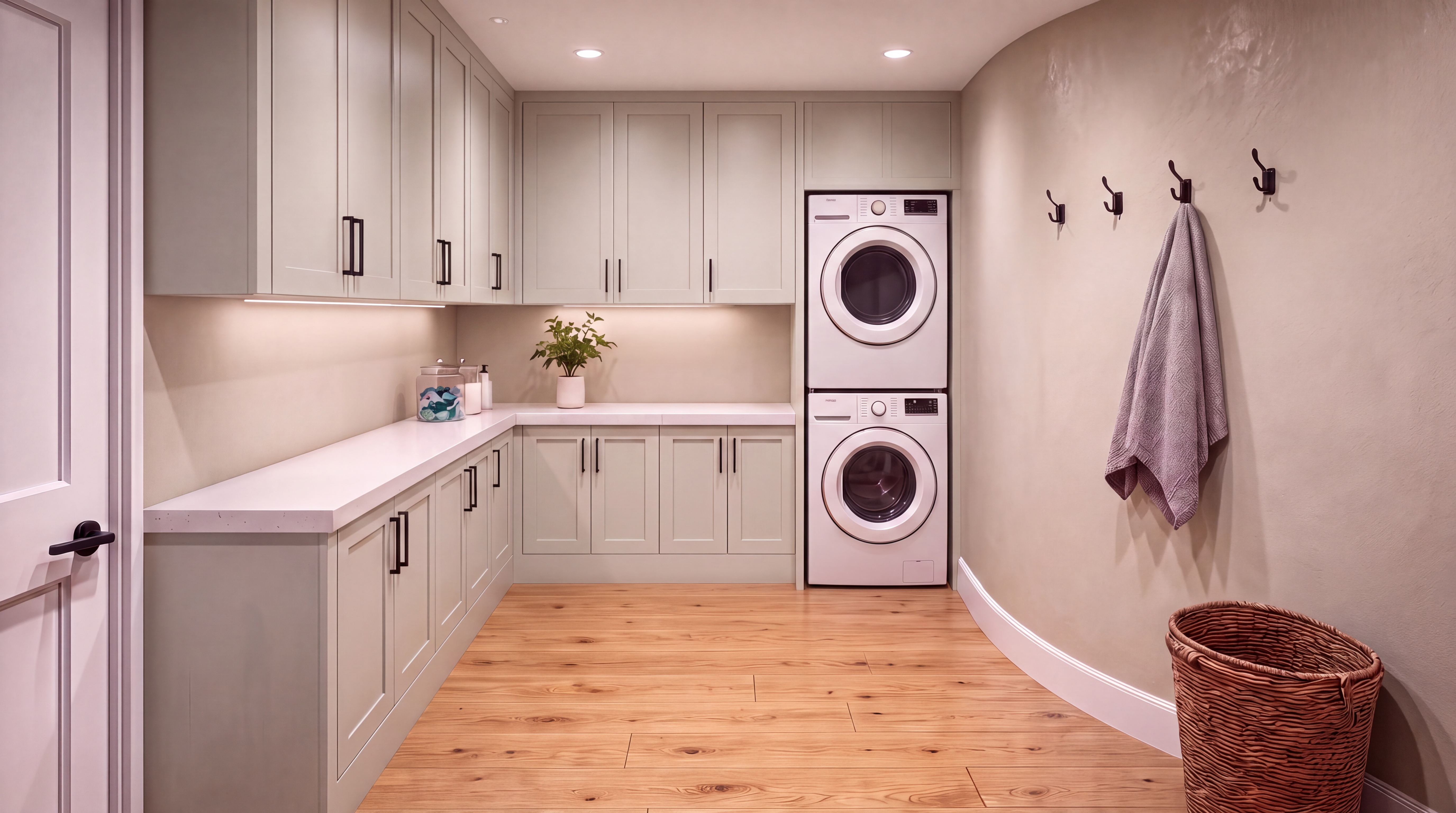 This modern, organized laundry room features light sage green cabinetry paired with crisp white countertops, creating a calm and cohesive aesthetic. The space is equipped with a stacked washer and dryer unit, wood-tone flooring, and practical wall hooks for added functionality. A curved wall segment and under-cabinet lighting add a custom, sophisticated touch to this highly efficient and stylish utility area.
