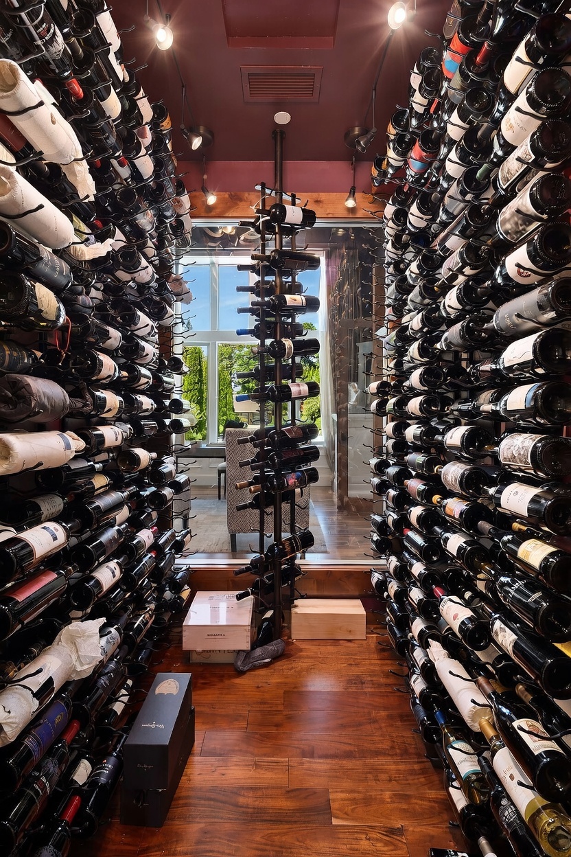 This sophisticated wine cellar features extensive custom metal racking lining both side walls and a central vertical display column, showcasing a large collection of bottled wine. The space is finished with rich, dark-toned walls and warm wood flooring, creating an intimate and refined atmosphere. A glass door at the end of the narrow aisle provides a clear view into an adjacent sunlit living area, adding depth and a sense of openness to the room.