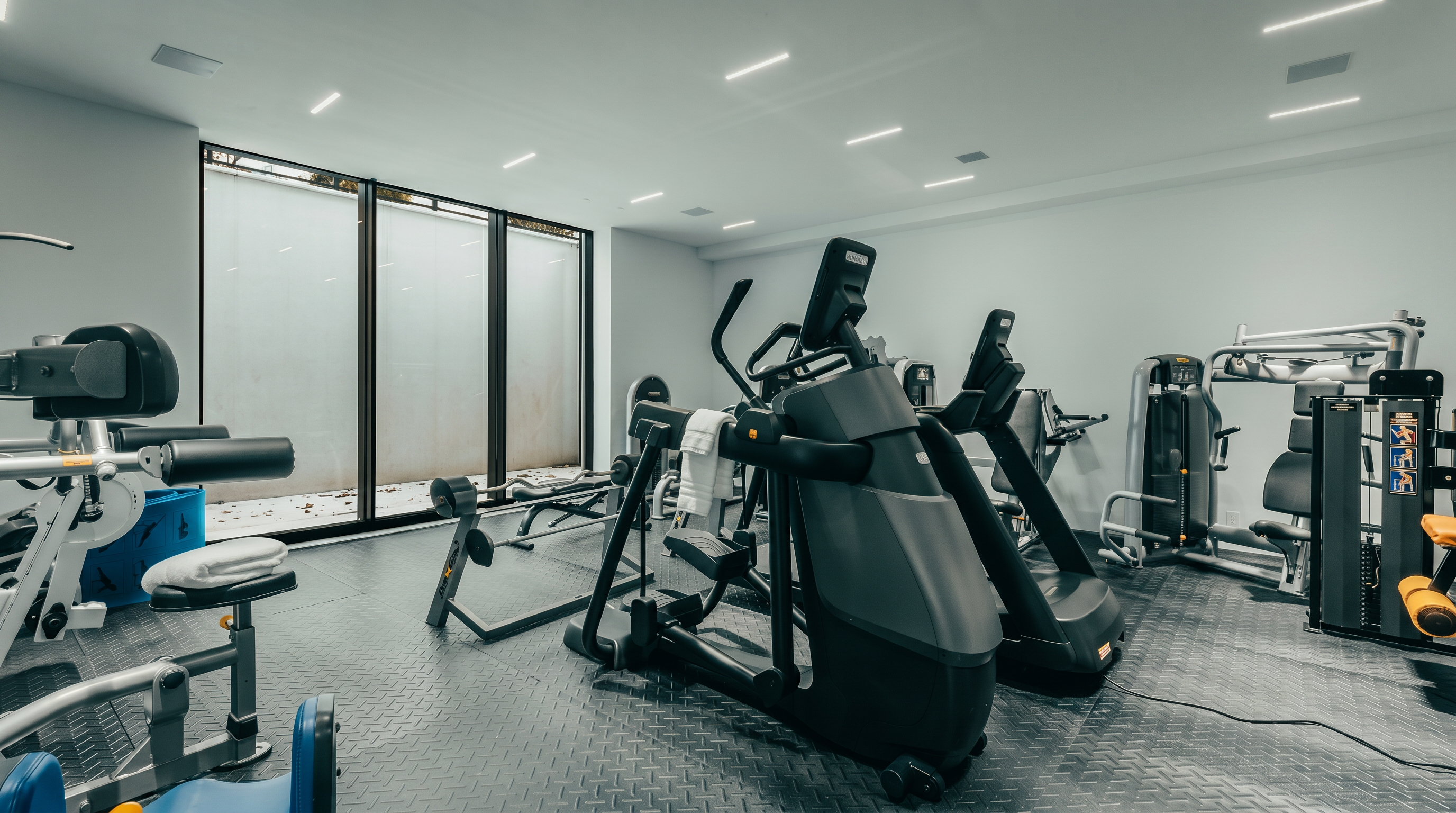 This well-equipped home gym features a variety of professional-grade cardio and strength training machines arranged on a durable, textured rubber floor. Large, tall windows with frosted glass panels allow for diffused natural light while maintaining privacy. The space is illuminated by recessed linear lighting fixtures, creating a clean, functional, and modern workout environment.