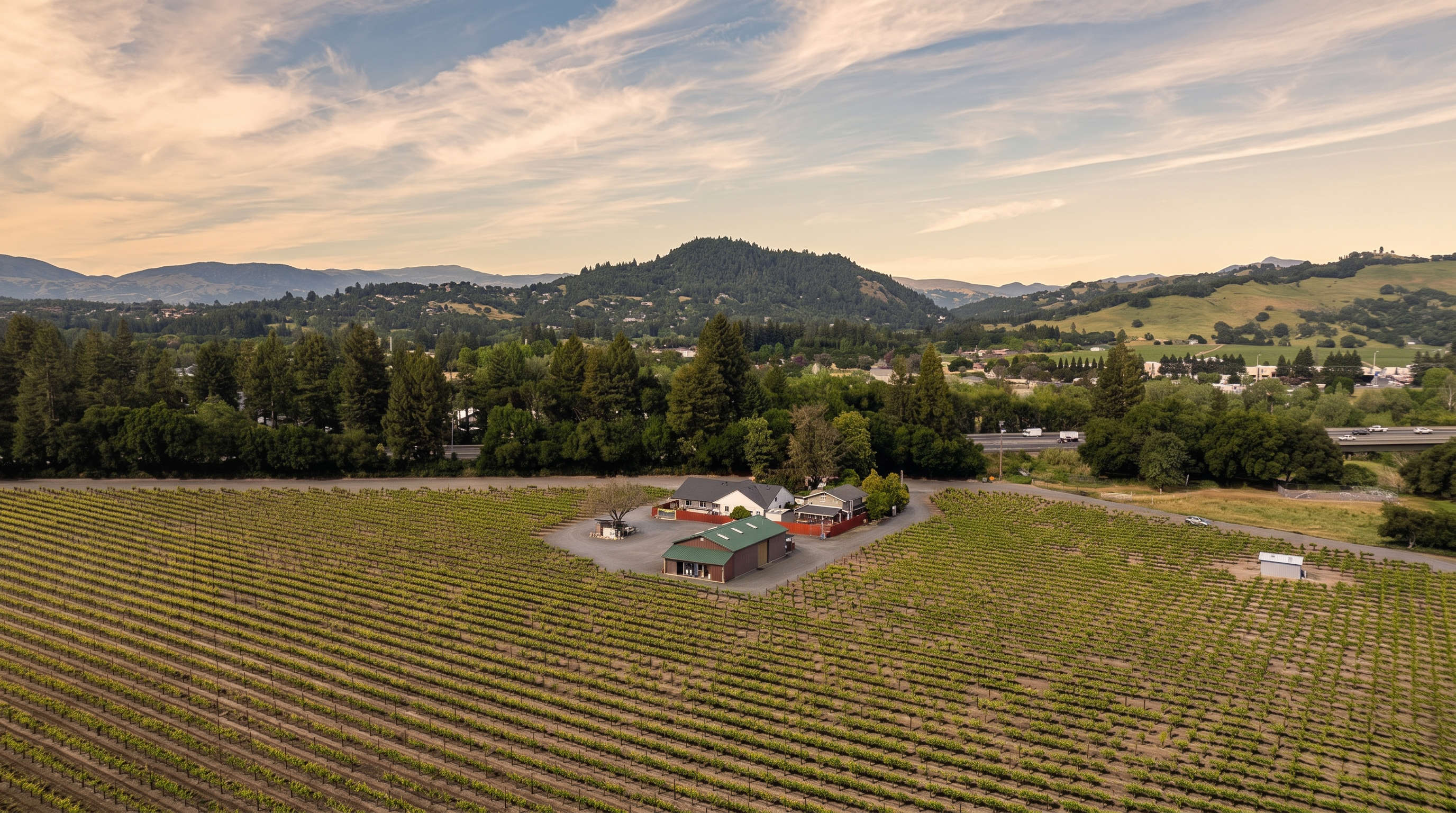 This high-angle aerial view captures a sprawling vineyard property set against a backdrop of rolling hills and a clear blue sky. The site features a central cluster of buildings, including a main residence and a detached barn-style structure, surrounded by neatly manicured rows of grapevines. A nearby highway and lush tree lines frame the property, emphasizing its rural yet accessible location.