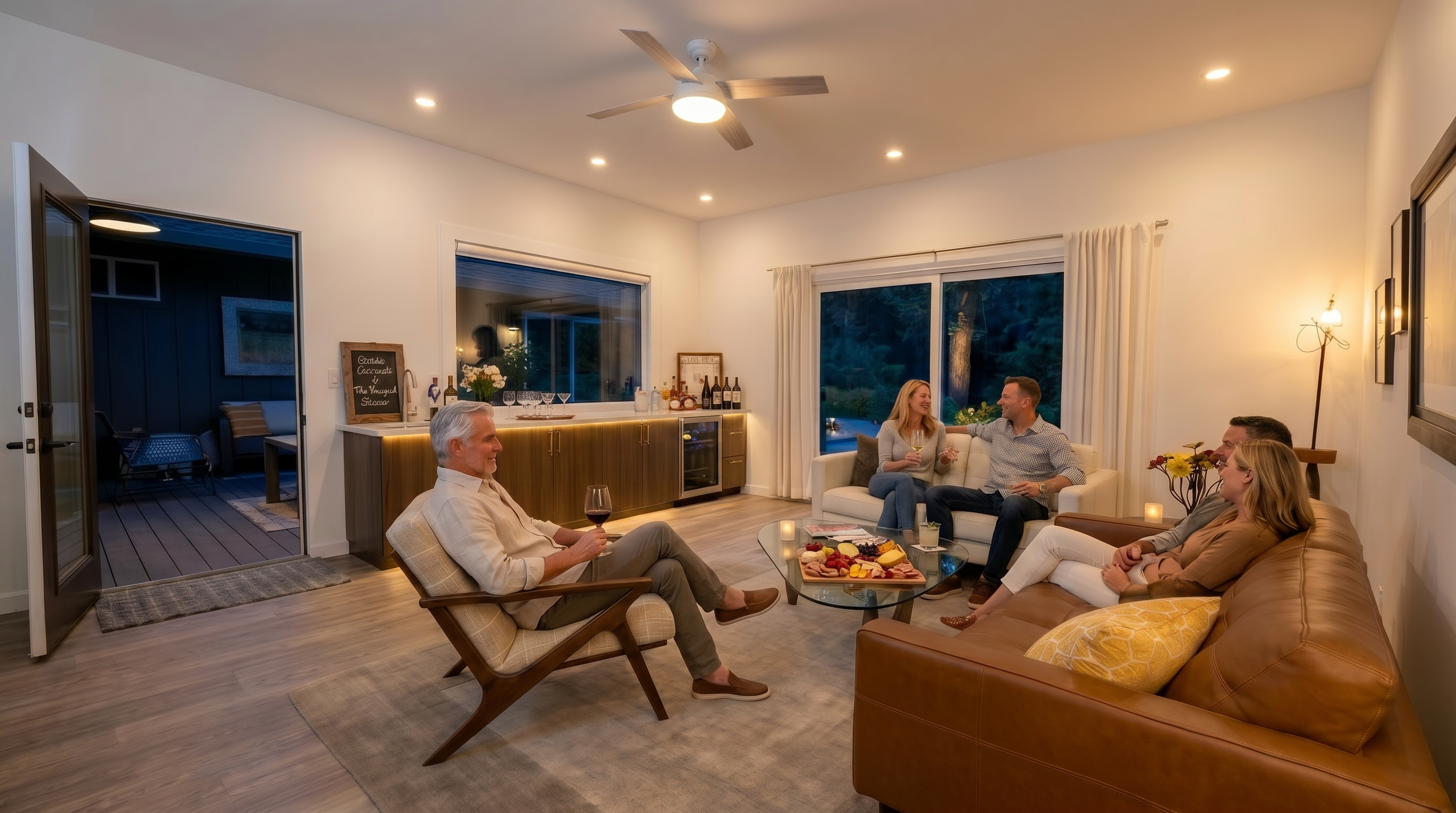 This modern open-concept living room features a warm and inviting atmosphere, complete with a cozy social seating area including a brown leather sofa and mid-century modern accent chair. The space seamlessly integrates a functional wet bar area and large sliding glass doors that open onto a deck, creating an ideal layout for entertaining. Clean lines, recessed lighting, and a neutral color palette highlight the contemporary design and high-end feel of the home.