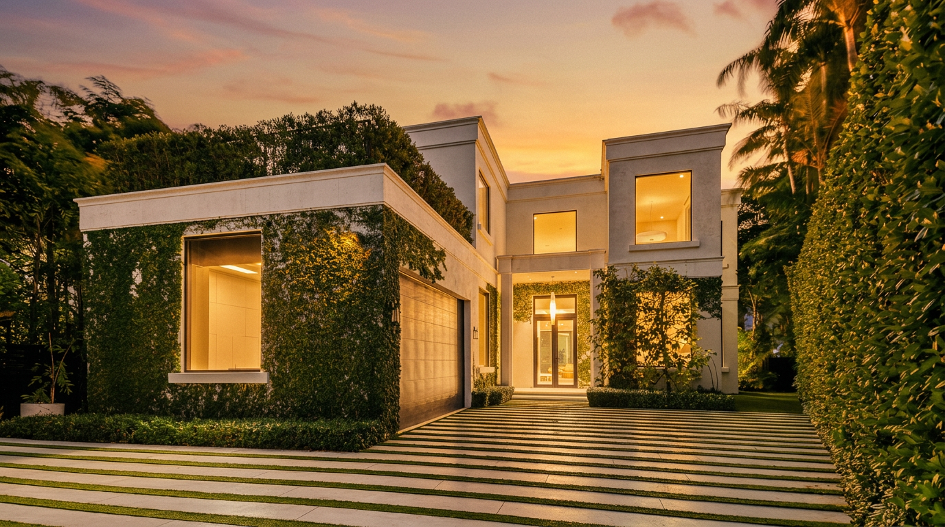 This modern, two-story residence features a striking facade characterized by clean lines and a combination of smooth white surfaces and lush, ivy-covered walls. A wide, paved driveway with integrated grass strips leads to the central entryway and a side-loading garage, framed by manicured landscaping and tall palm trees. The perspective is a straight-on, eye-level shot that captures the architectural symmetry and the elegant, contemporary aesthetic of the home at dusk.