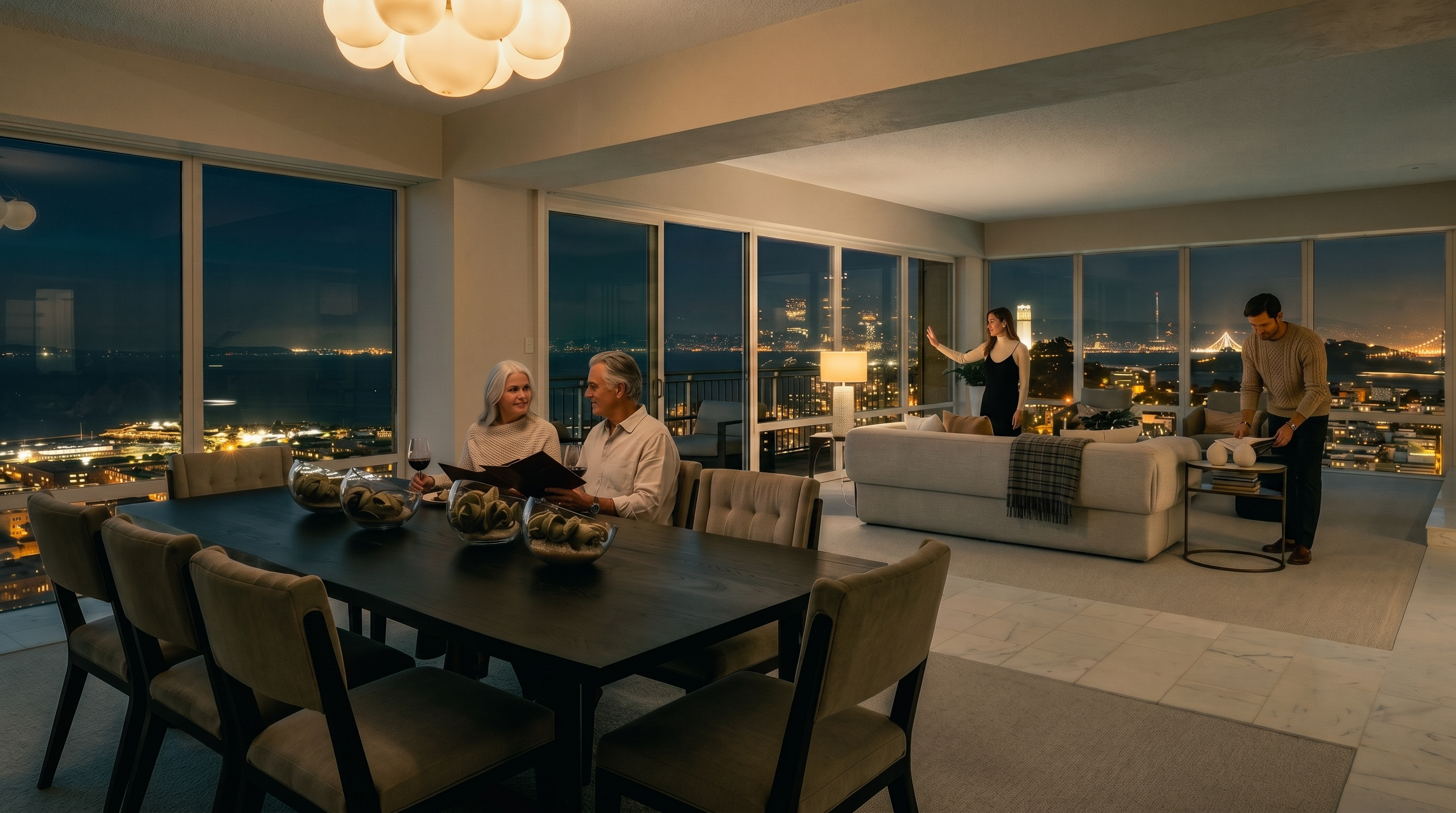This open-concept living and dining area features a sophisticated, modern aesthetic with expansive floor-to-ceiling windows that offer panoramic city and bay views. The dining space is anchored by a dark wood table surrounded by neutral-toned upholstered chairs, while the adjacent living area is furnished with a plush sofa and minimalist decor. The room is illuminated by a unique, multi-globe chandelier, creating a bright and airy atmosphere that emphasizes the seamless transition between indoor living and the urban landscape.