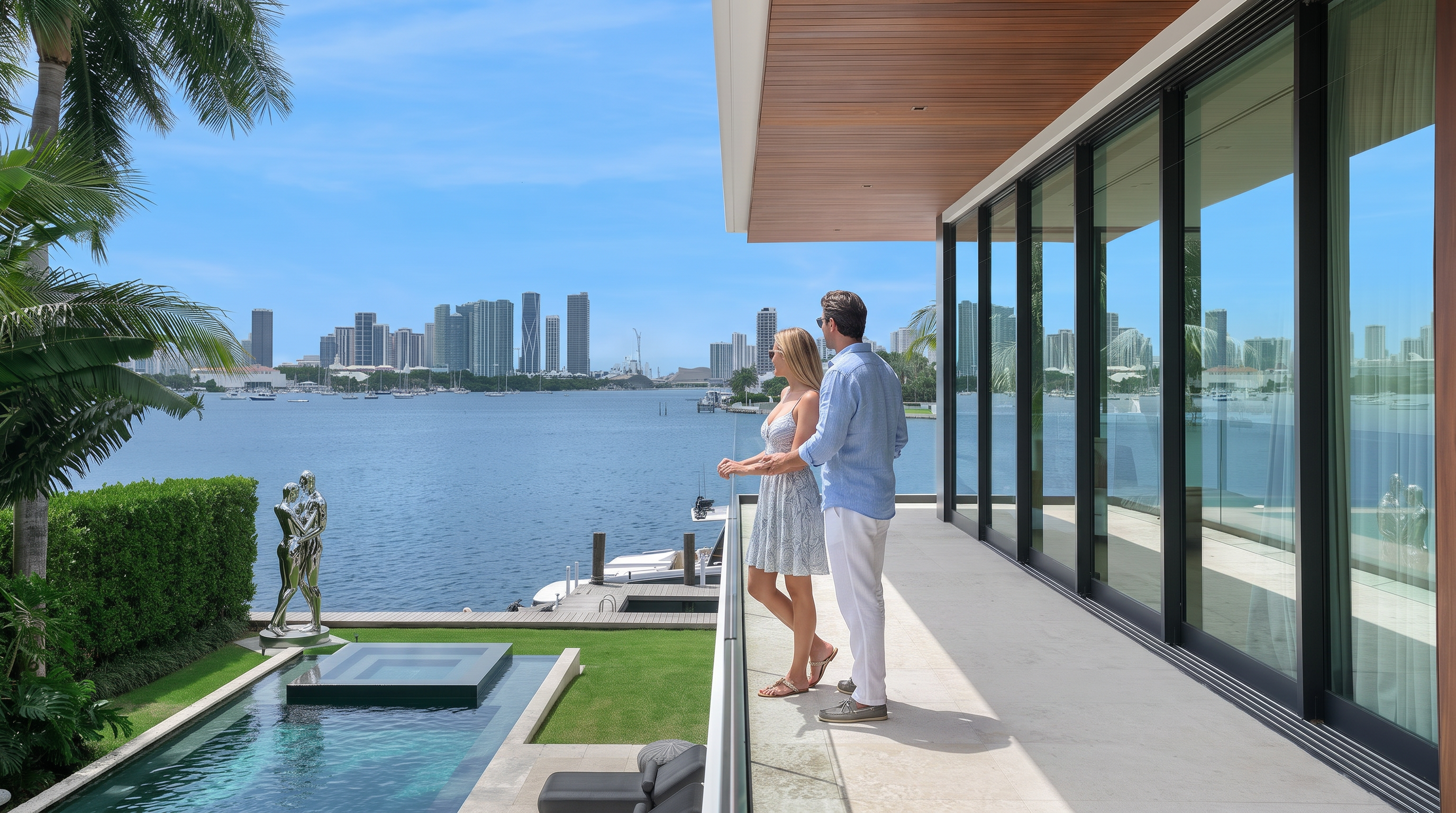 This luxurious waterfront balcony offers a panoramic view of a city skyline across a calm bay. The space features a sleek, covered terrace with a wood-paneled ceiling and floor-to-ceiling glass walls that seamlessly connect the indoor and outdoor living areas. Below, a private pool and manicured lawn create a serene oasis, accented by a modern sculpture and a private dock.