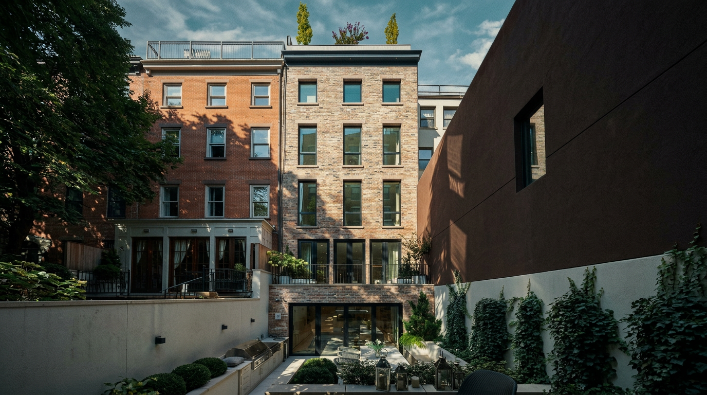 This image captures the rear exterior of a multi-story brick townhouse, showcasing a sophisticated urban design with a private garden level and a raised terrace. The facade features large, modern windows and glass doors that create a seamless indoor-outdoor connection, complemented by lush greenery and climbing ivy. The perspective is a straight-on, eye-level shot that emphasizes the architectural depth and the tranquil, private atmosphere of the outdoor living spaces.