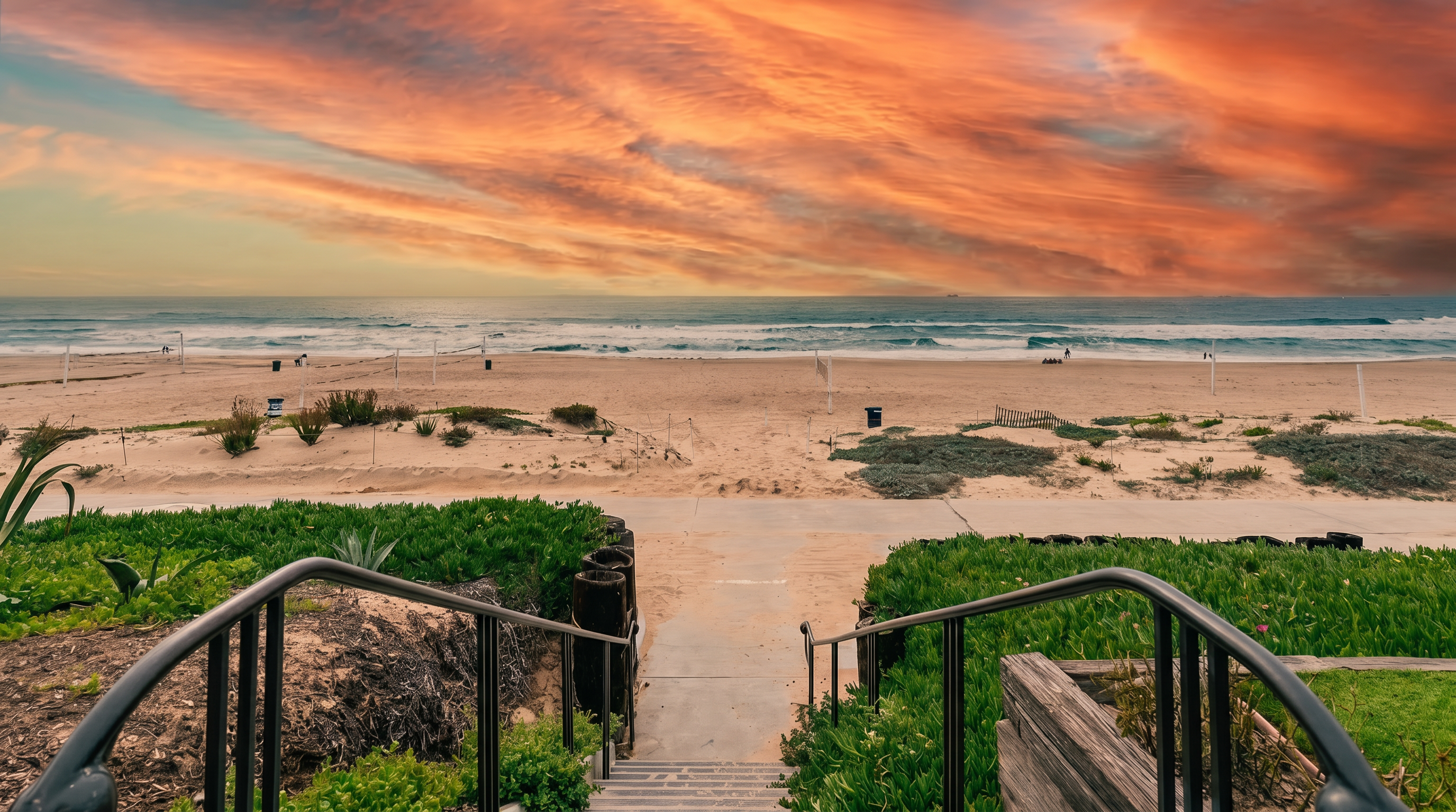 This perspective captures a set of stairs leading directly from a private property down to a sandy beach. The scene features a vibrant sunset sky with streaks of orange and pink clouds over the ocean horizon. Lush green landscaping frames the staircase, creating a seamless transition between the home's outdoor space and the coastal environment.