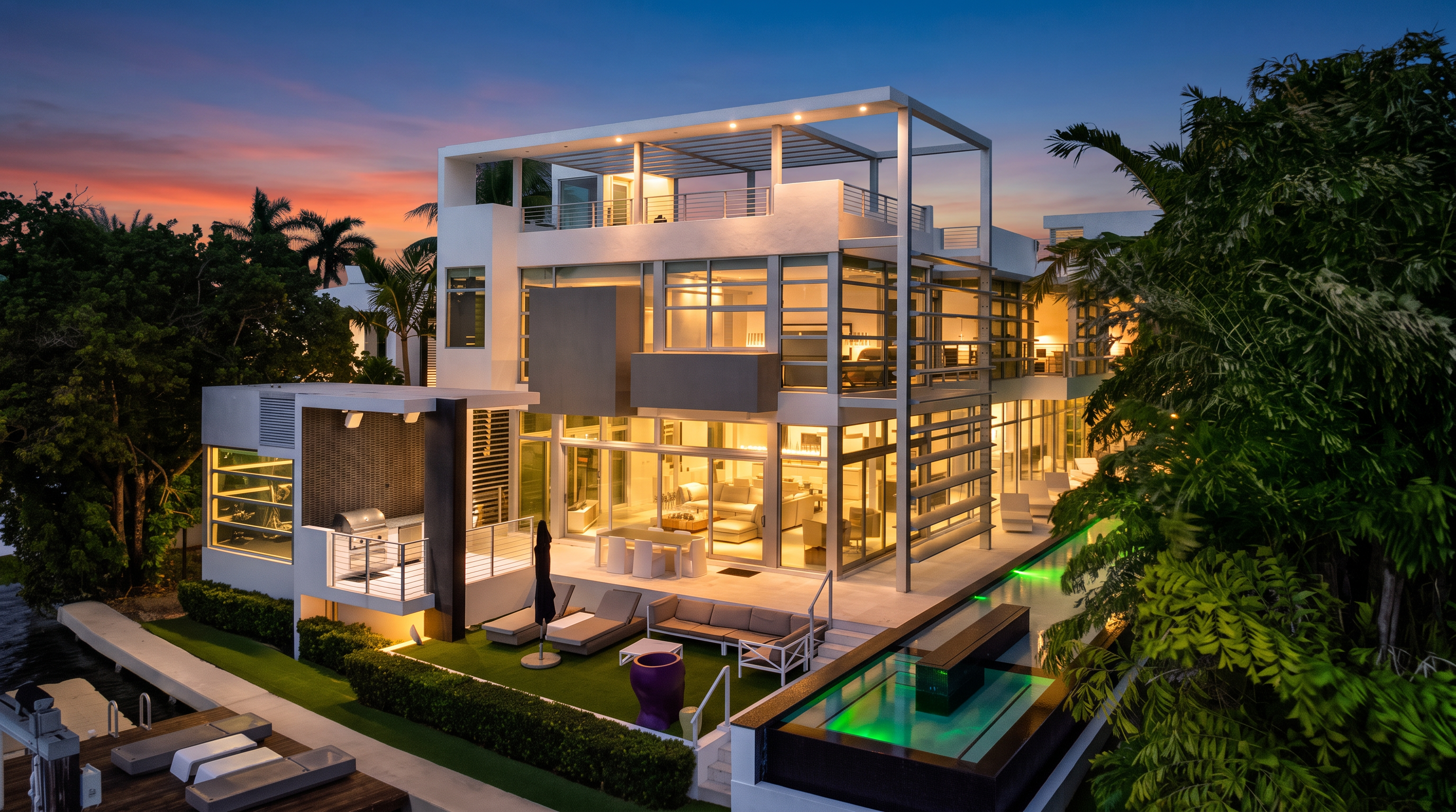 This striking modern residence features a multi-level architectural design with extensive glass walls and clean, geometric lines. The rear exterior showcases a spacious patio area with outdoor seating, a built-in grill station, and a sleek, illuminated lap pool overlooking the water. Lush greenery frames the property, creating a private and sophisticated waterfront retreat.