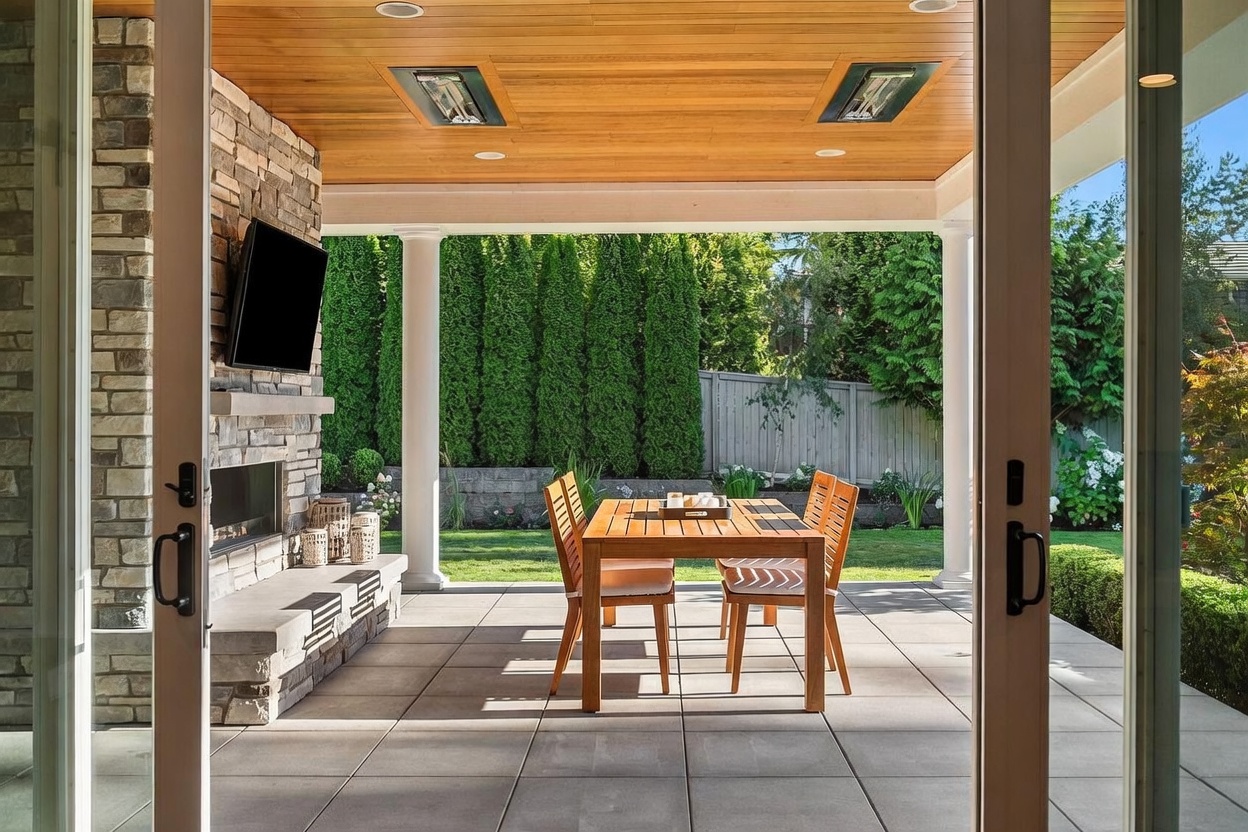 This covered outdoor patio features a stone-clad fireplace with a mounted television, creating a cozy space for relaxation. A wooden dining set sits on the paved floor, while the ceiling is finished with warm-toned wood planks and integrated heaters. The space opens up to a lush green backyard, framed by tall privacy hedges and white columns.