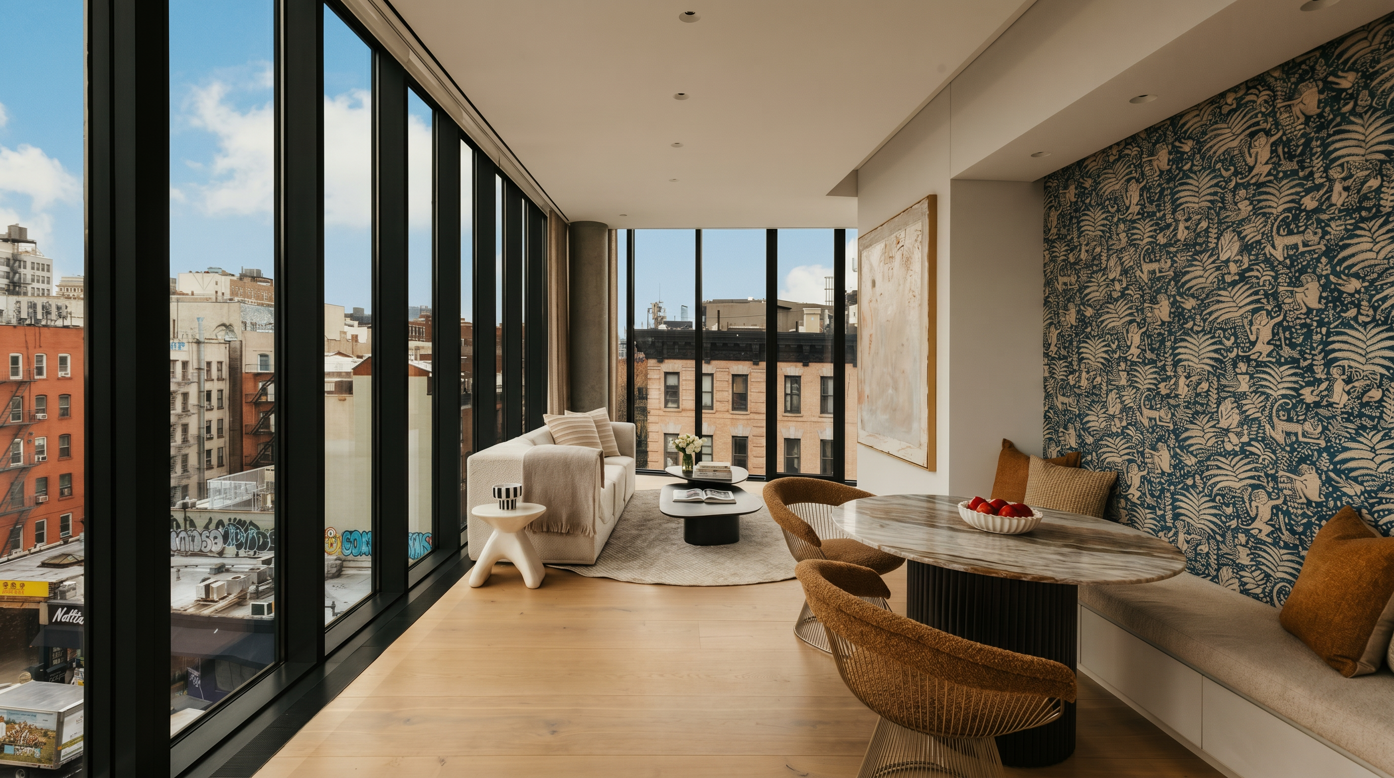 This bright, open-concept living and dining area features expansive floor-to-ceiling windows that provide panoramic urban views. The space is anchored by a light-toned sofa and a marble-topped dining table, complemented by a striking patterned wallpaper accent wall. The minimalist aesthetic is enhanced by light wood flooring and a neutral color palette, creating a sophisticated and airy atmosphere.