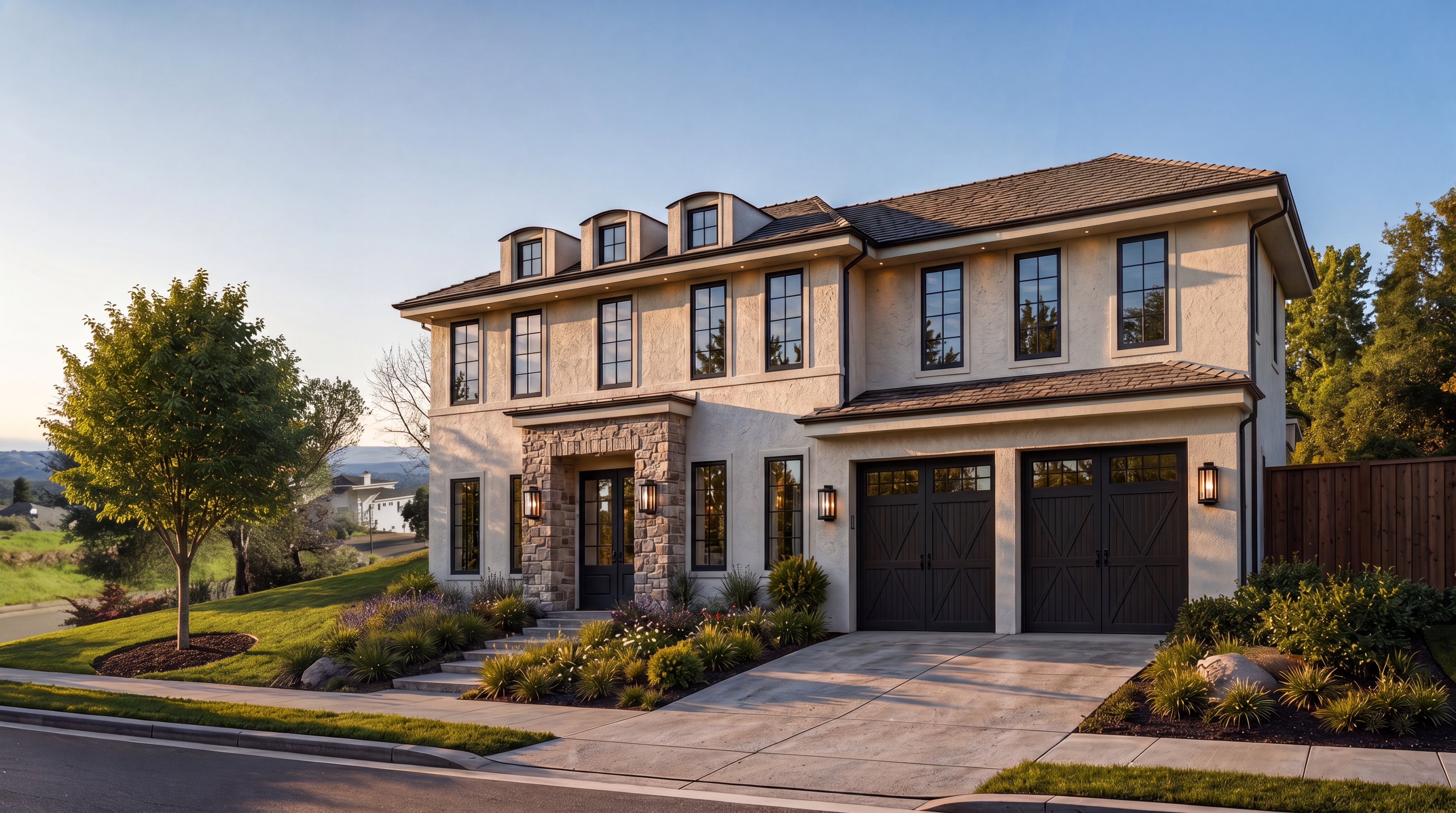 This elegant two-story Mediterranean-style home features a warm beige stucco facade accented with natural stone work around the entryway. The exterior showcases dark-framed multi-pane windows, a stately front door, and a spacious two-car garage with dark decorative carriage-style doors. Lush landscaping and a paved driveway complement the residence, contributing to a premium, well-maintained curb appeal.
