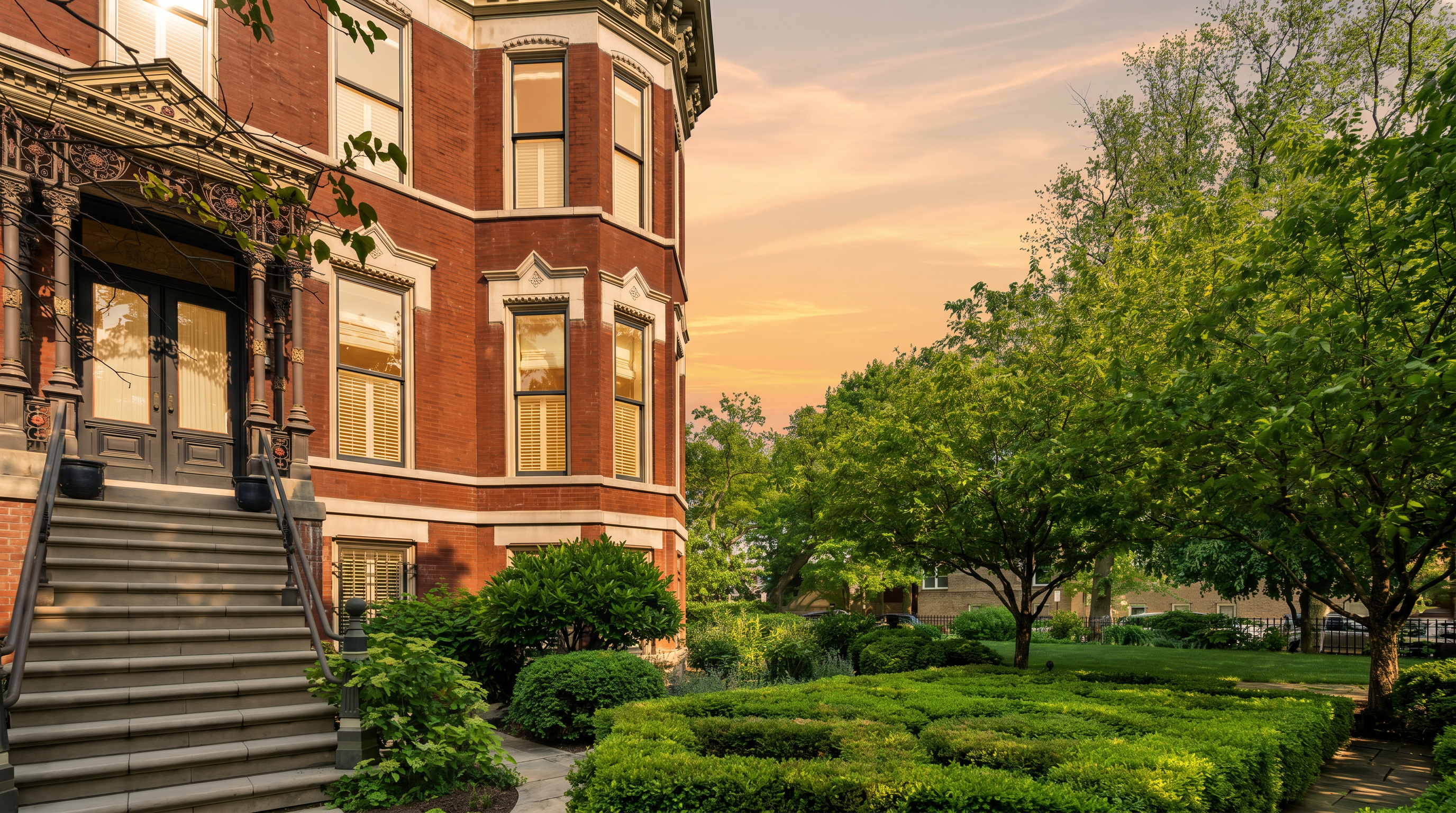 This image captures the elegant front facade of a historic red brick building, showcasing intricate architectural details and a grand stone staircase leading to the entrance. A meticulously manicured hedge garden occupies the foreground, providing a lush, green contrast to the warm tones of the masonry. The perspective is taken from a low angle, emphasizing the building's height and the inviting, well-maintained landscaping under a bright, clear sky.