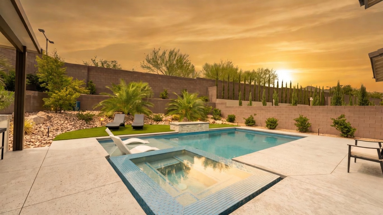 This backyard features a modern swimming pool with an integrated tiled spa and a shallow sun shelf with lounge chairs. The surrounding area includes a concrete patio, a small patch of artificial turf with additional lounge seating, and a landscaped slope with desert-style plantings against a tall masonry wall. The perspective is from a covered patio looking out toward the pool, capturing a bright, sunny day in a private residential setting.