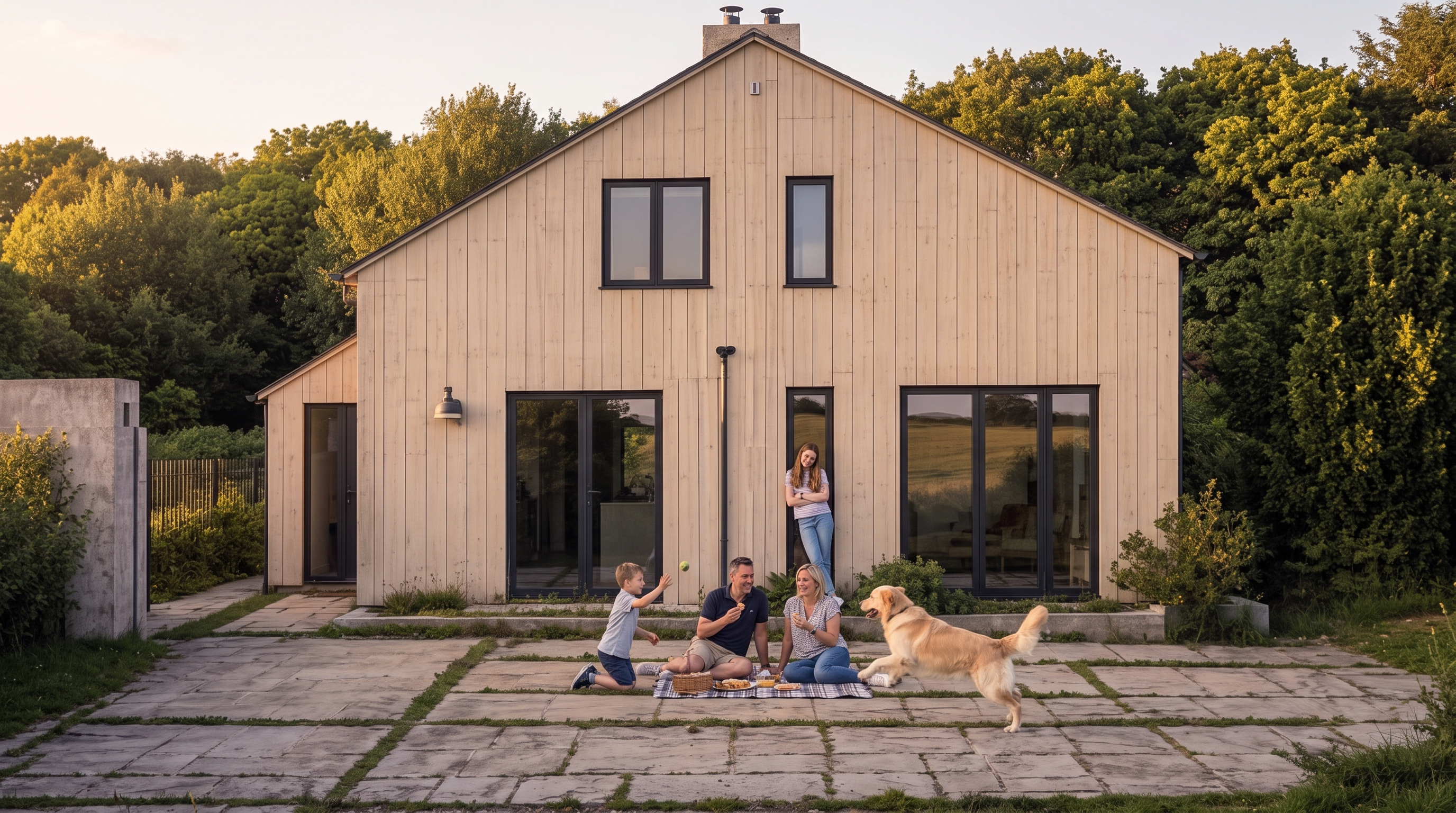 This image showcases the rear exterior of a modern, light-toned timber-clad residence featuring clean lines and large floor-to-ceiling glass sliding doors. A stone patio extends from the house, providing a functional outdoor living space, while a family and their dog enjoy a picnic on the lawn. The architecture blends contemporary design with a natural, pastoral setting, creating an inviting and family-friendly atmosphere.
