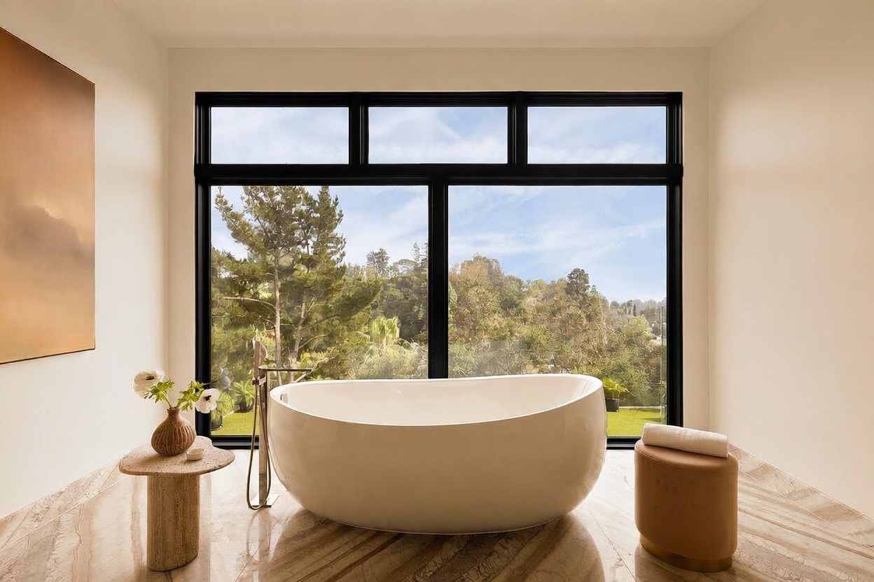 This luxurious primary bathroom features a sleek, freestanding oval soaking tub positioned centrally before a large window wall that frames a lush, green outdoor view. The space is anchored by polished, light-toned stone flooring with dramatic veining, complemented by a minimalist side table holding a floral arrangement and a cylindrical ottoman. The clean, neutral color palette and expansive glazing create a serene, spa-like atmosphere with a focus on natural light and architectural simplicity.