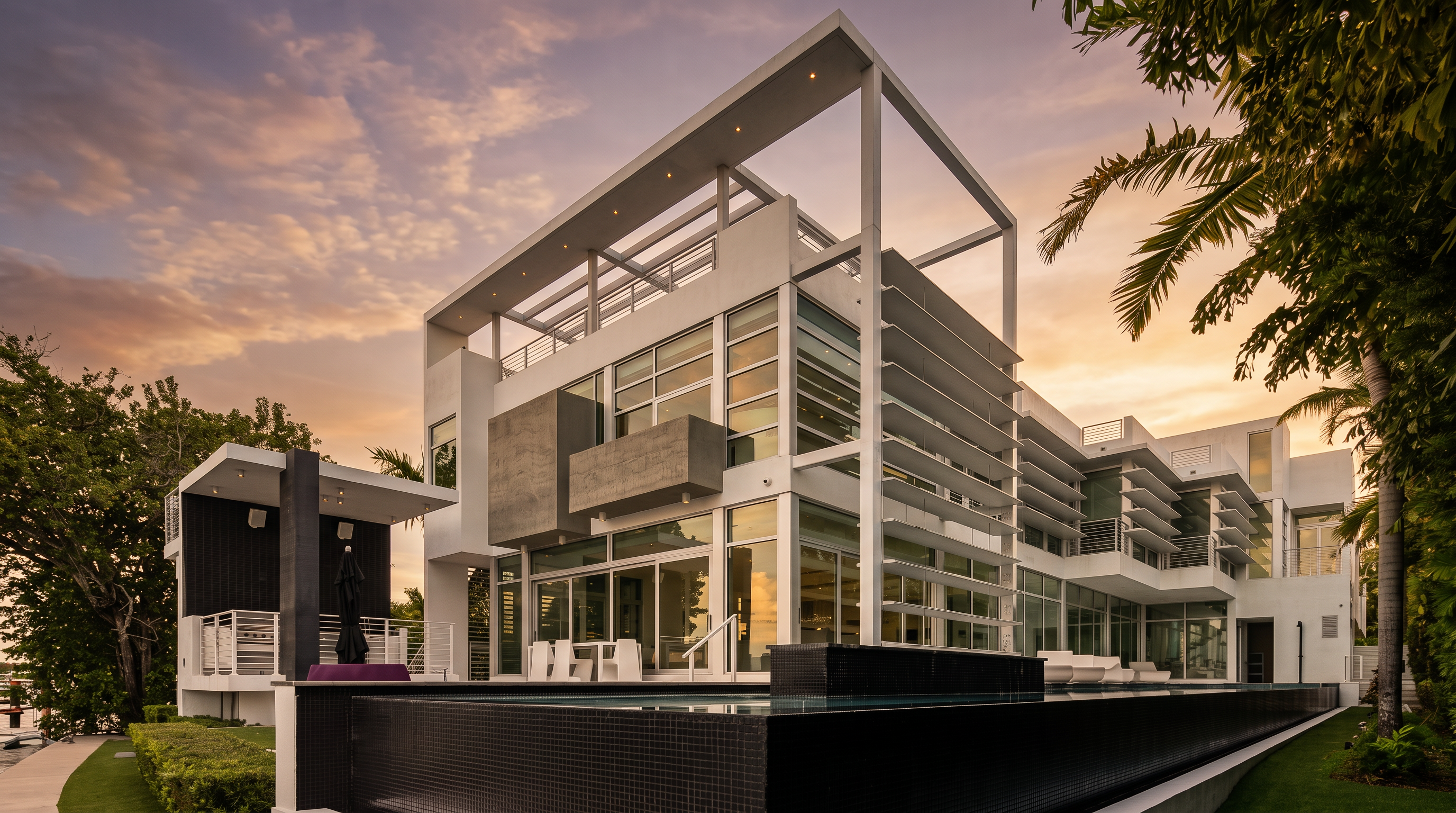 This striking modern residence features a multi-level architectural design with extensive glass walls and white structural framing. A sleek, dark-tiled infinity-edge pool sits in the foreground, reflecting the bright blue sky and the home's geometric facade. The property is surrounded by lush tropical landscaping, including tall palm trees, creating a luxurious and private outdoor living environment.