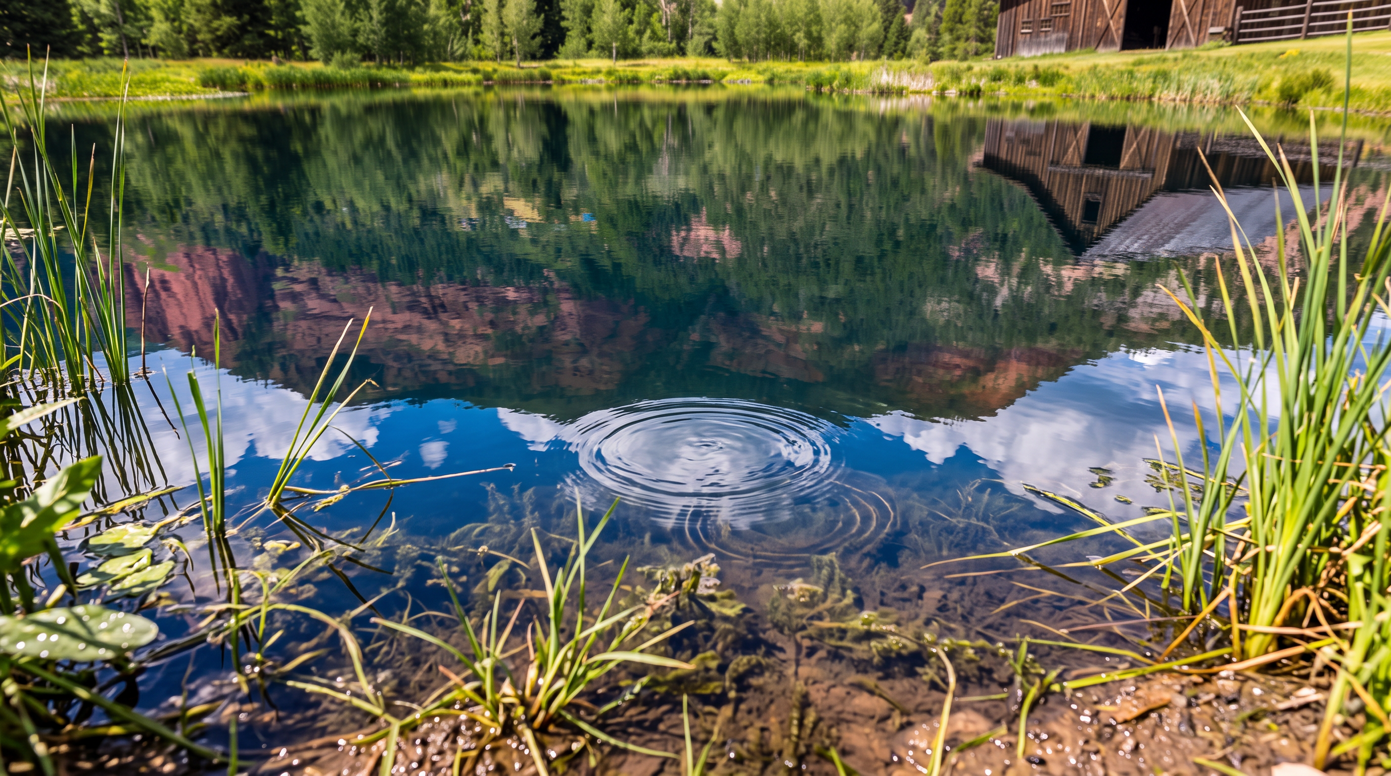 This scenic landscape features a tranquil pond with a rustic wooden structure reflected in its clear, still waters. Surrounded by lush greenery and mountain views, the setting offers a peaceful outdoor space ideal for relaxation. The natural beauty and calm atmosphere make it an attractive common area or natural amenity for potential residents.