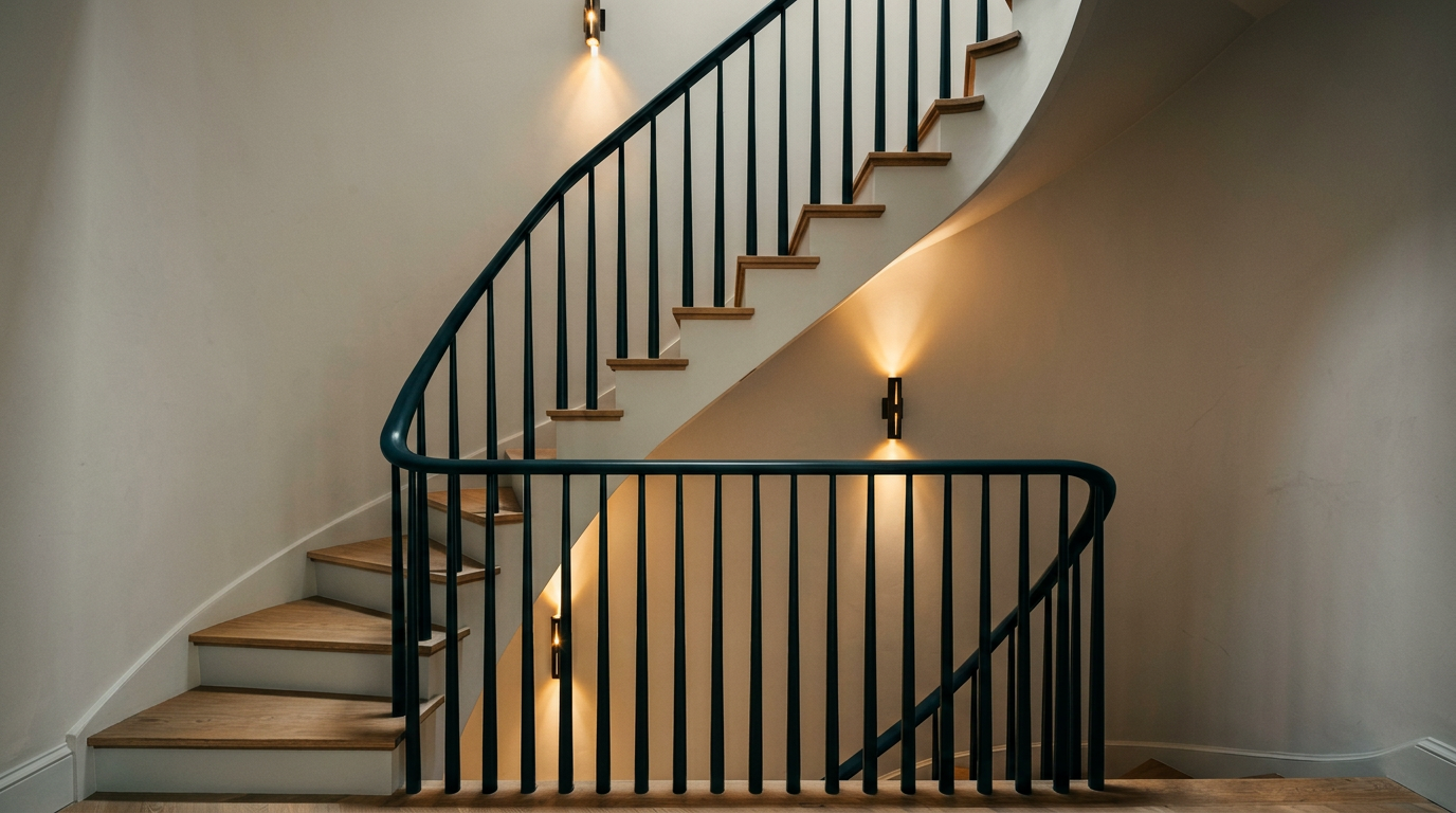 This elegant staircase features a curved design with light wood treads and a sleek, dark metal railing that adds a modern, architectural touch. The walls are painted a crisp, neutral white, accented by minimalist wall-mounted light fixtures that cast a warm, inviting glow. The perspective is captured from the base of the stairs, emphasizing the graceful sweep of the banister and the clean, sophisticated aesthetic of the home's interior.
