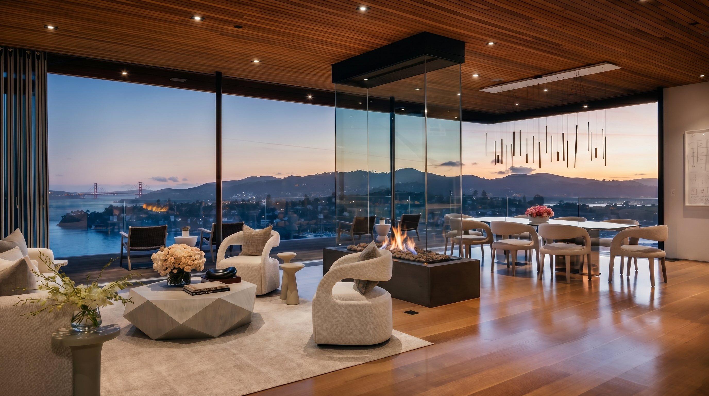 This expansive, open-concept living and dining area features warm wood ceilings and flooring, creating a seamless transition between indoor and outdoor living. A central glass-enclosed fireplace serves as a striking focal point, while floor-to-ceiling windows offer panoramic views of the bay and distant hills at sunset. The space is furnished with contemporary, neutral-toned seating and a modern dining set, emphasizing a sophisticated and airy atmosphere.