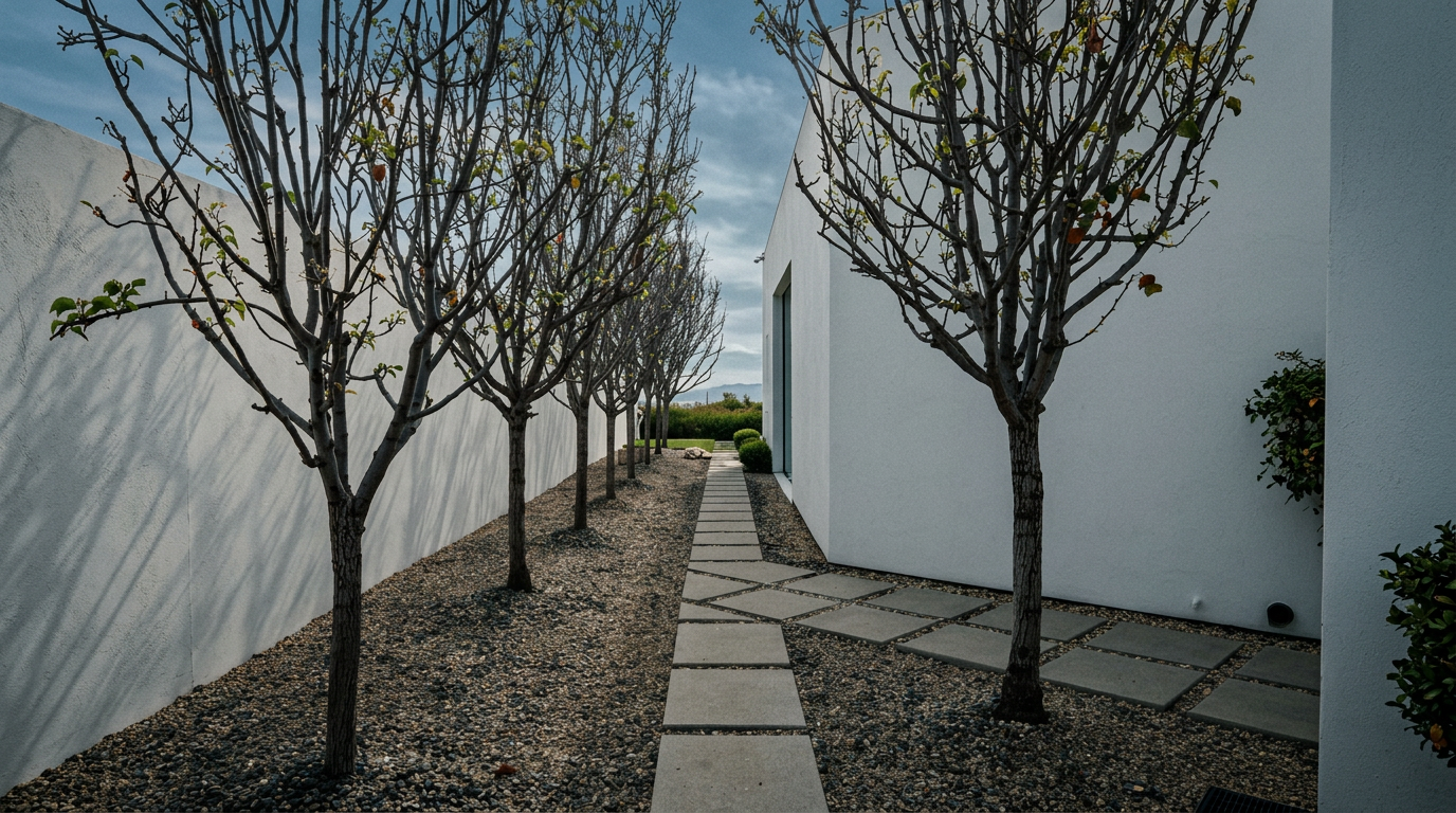 This side exterior view showcases a minimalist, modern architectural style with a clean white wall contrasting against a row of slender, leafless trees. A geometric stone paver walkway cuts through a gravel ground cover, leading the eye toward the back of the property. The perspective is low and centered, emphasizing the linear symmetry and serene, contemporary aesthetic of the home's exterior.