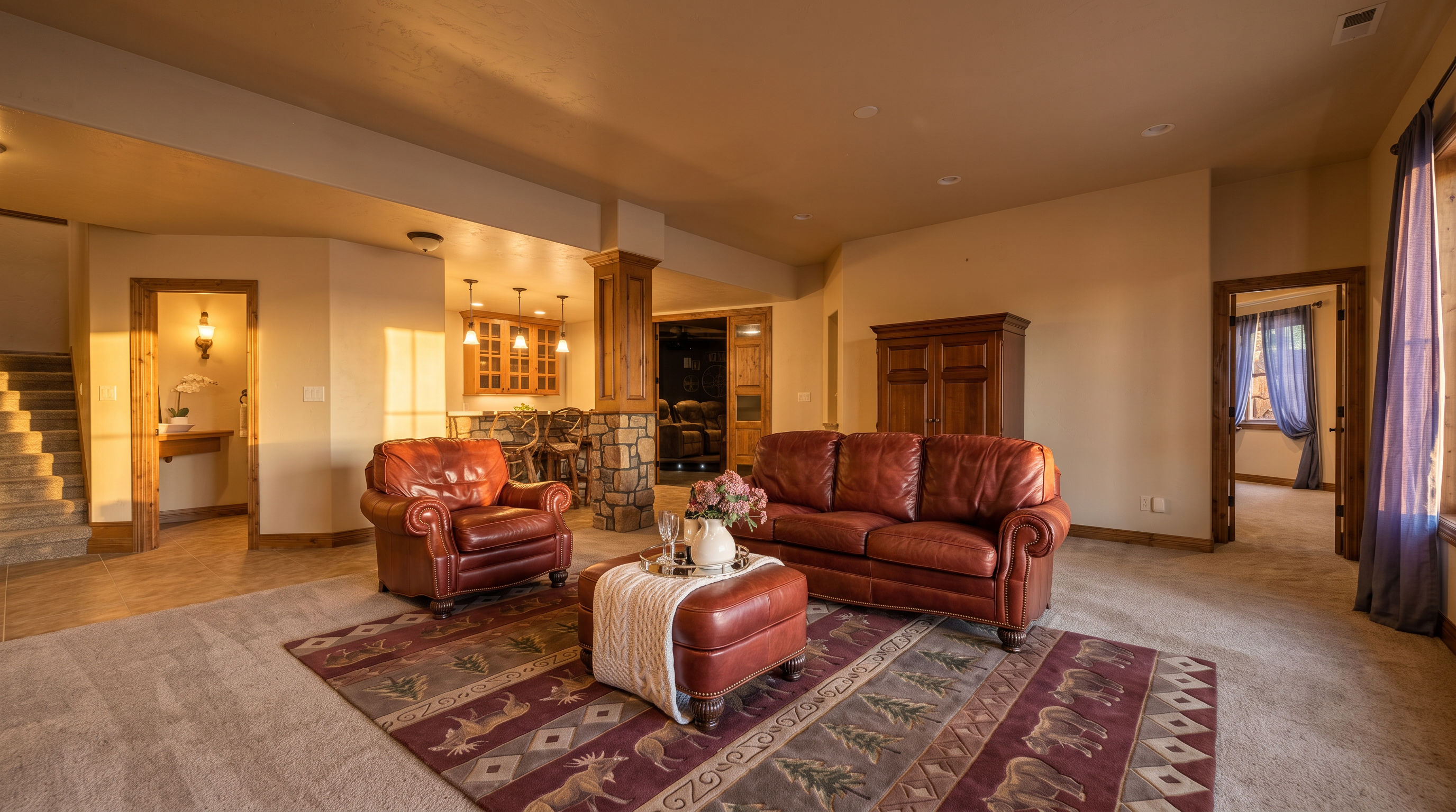 This spacious basement living area features a warm, rustic aesthetic with a leather sofa, matching armchair, and a leather ottoman centered on a patterned area rug. In the background, a stone-clad pillar separates the seating area from a wet bar with wooden cabinetry and bar seating, while a doorway leads to a home theater space. The room is finished with neutral walls, recessed lighting, and a staircase leading to the upper level, creating a comfortable and inviting entertainment environment.