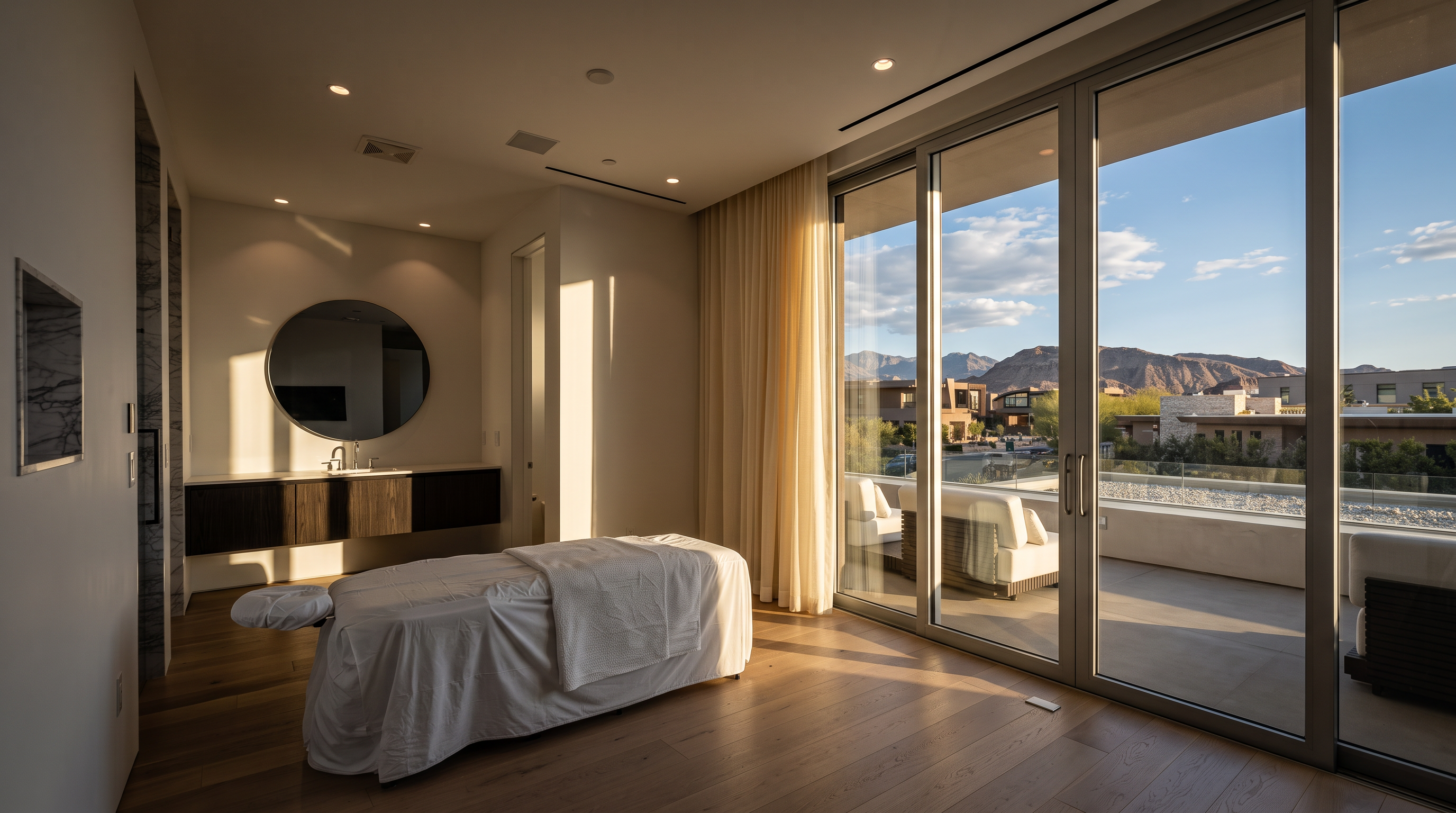This image depicts a serene, modern spa or massage room featuring two treatment tables draped in white linens. The space is characterized by minimalist design, light wood flooring, and a circular wall mirror above a dark vanity, with large glass sliding doors that open onto a balcony with mountain views. The perspective is from the corner of the room, capturing both the functional treatment area and the seamless transition to the outdoor living space.