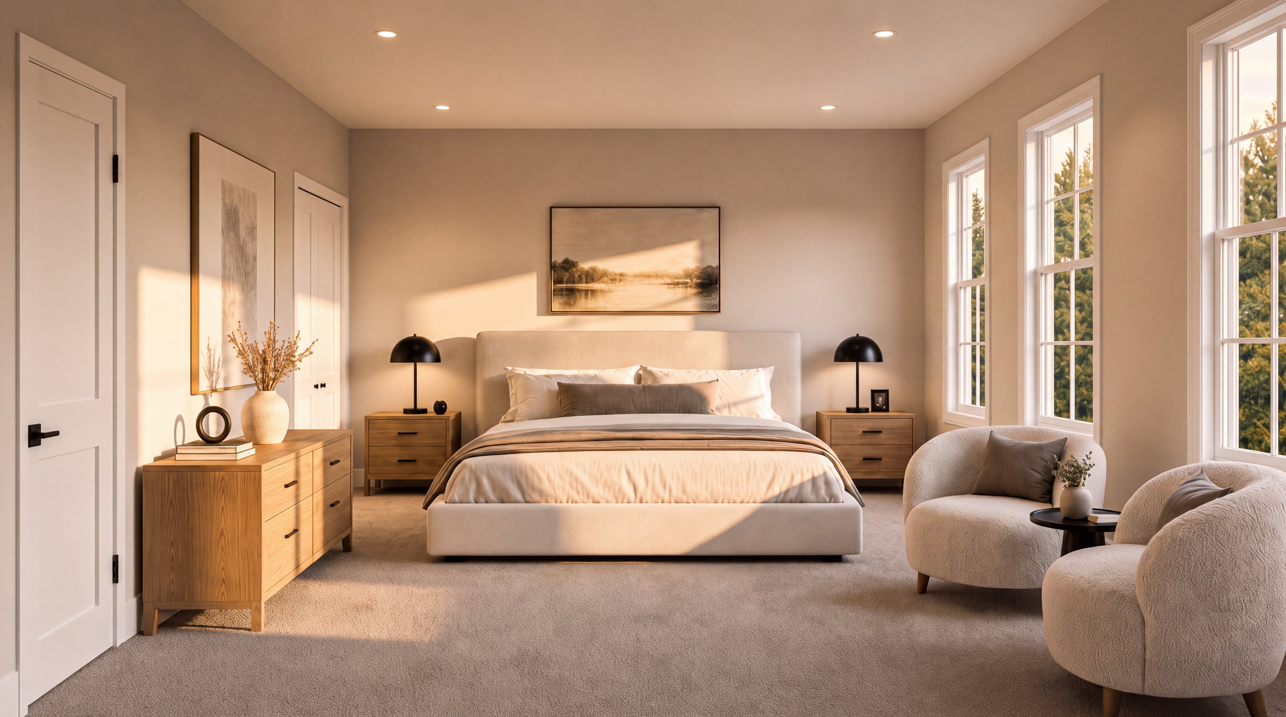 This serene and spacious primary bedroom features a neutral color palette with warm wood accents, creating a calm and inviting atmosphere. The room is anchored by a plush upholstered bed, flanked by matching nightstands with modern black lamps, while a cozy seating area with two rounded chairs provides a comfortable nook. Abundant natural light streams in through large windows, highlighting the clean lines and contemporary decor that define this elegant retreat.