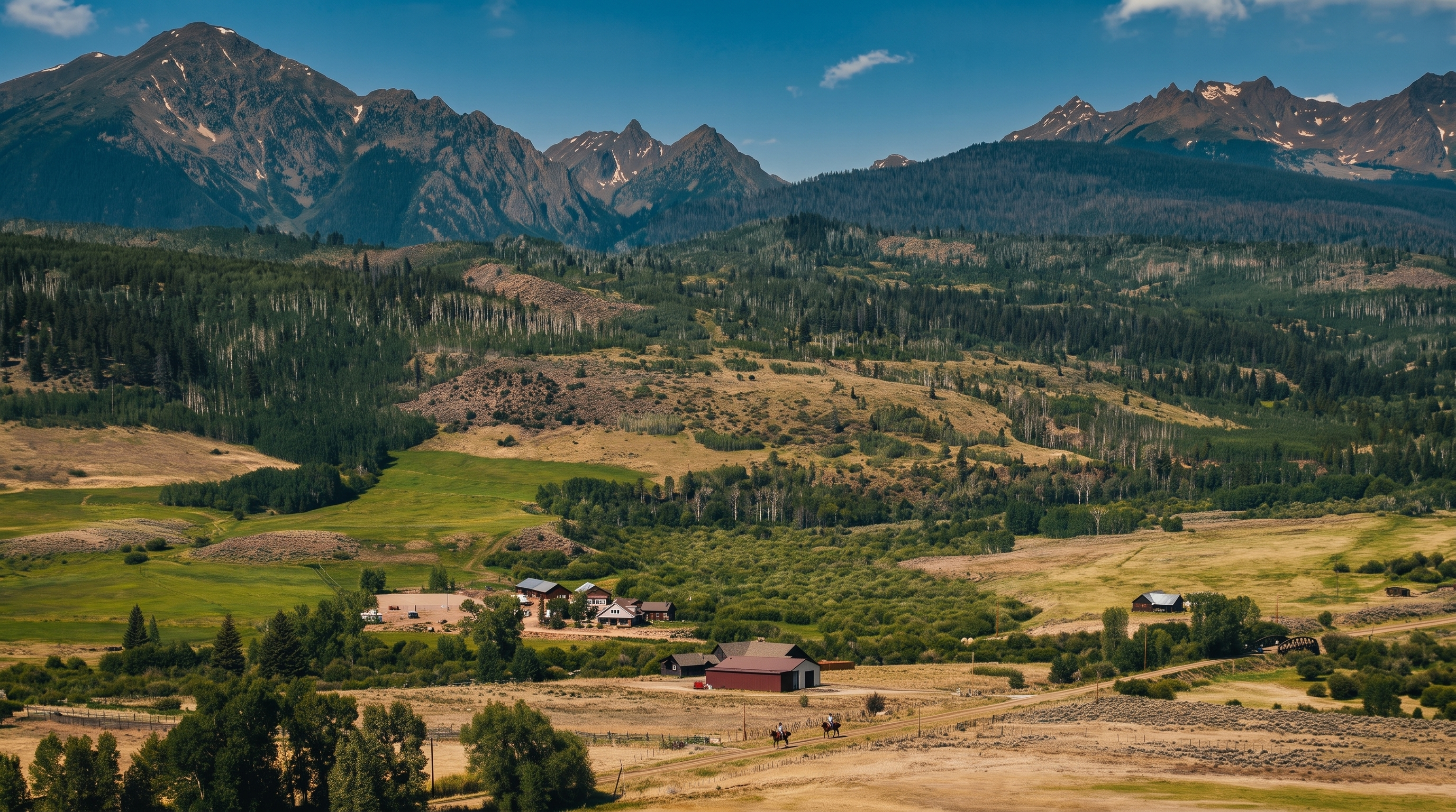 This expansive aerial view captures a rural property nestled in a lush valley beneath a dramatic mountain range. The landscape features a mix of open meadows, dense forest, and a small cluster of buildings, including a prominent red barn and several residential structures. The cinematic perspective emphasizes the vast scale of the terrain and the serene, secluded nature of the setting.