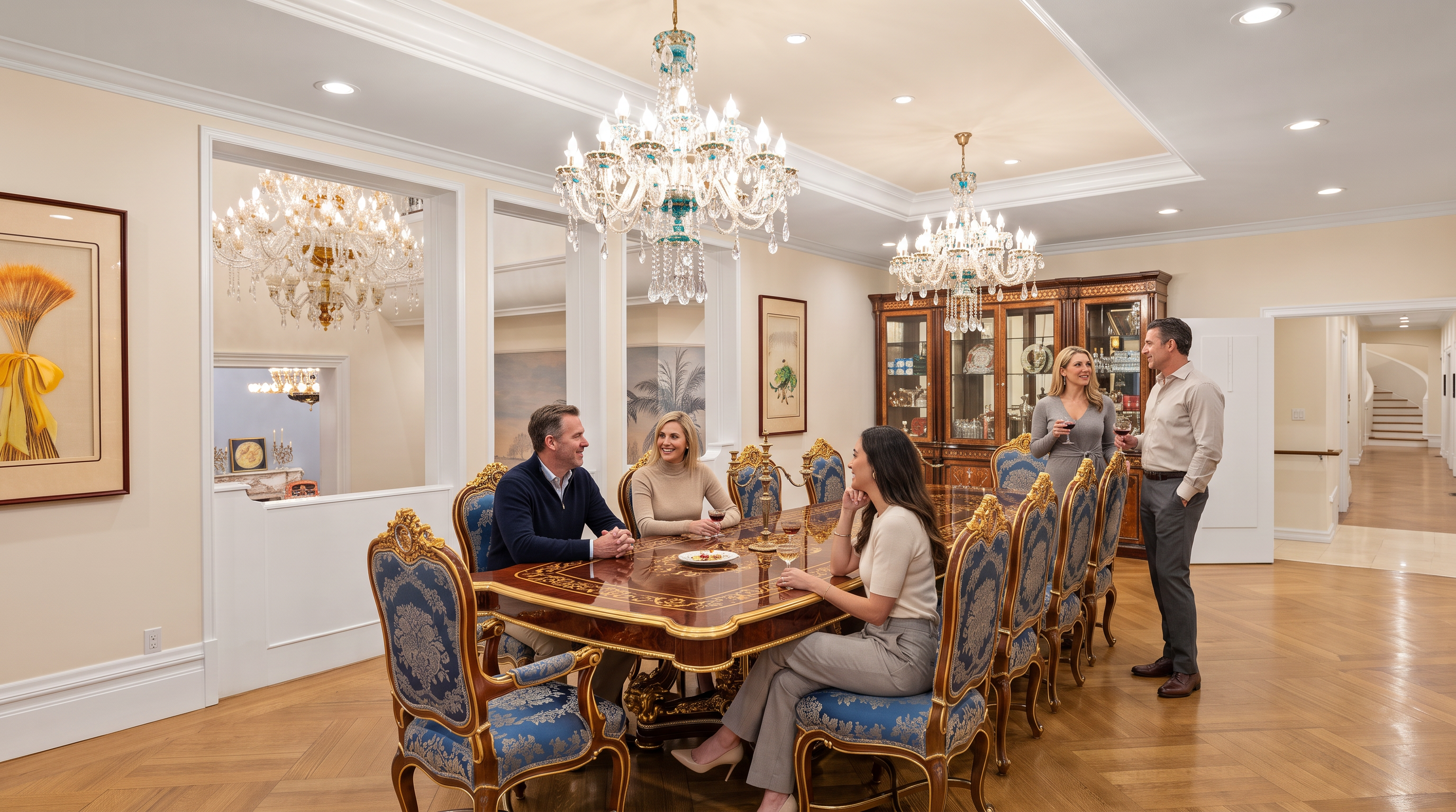 This elegant formal dining room showcases a grand mahogany table paired with ornate, blue velvet upholstered chairs, perfect for hosting sophisticated gatherings. Two exquisite crystal chandeliers serve as focal points of the ceiling, while a custom china cabinet provides ample display space for fine tableware. The light-toned walls and polished hardwood floors create a luxurious and airy atmosphere suitable for upscale entertaining.