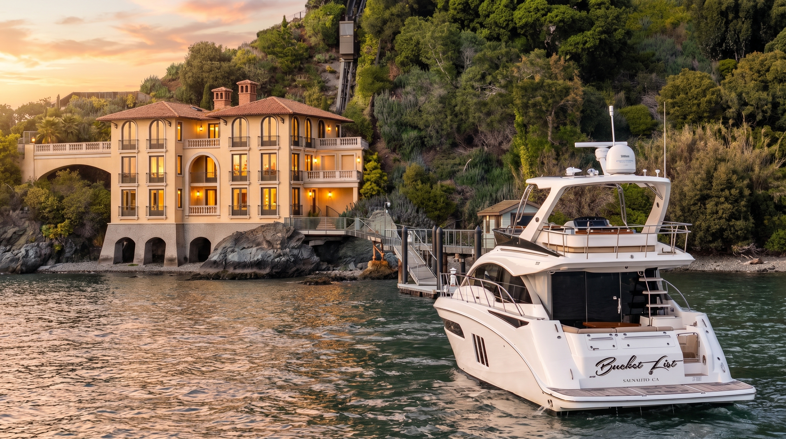 This waterfront estate features a Mediterranean-inspired villa perched on a rocky shoreline, characterized by its warm-toned stucco facade, arched windows, and multiple balconies. A private dock extends into the water, where a luxury yacht named 'Bucket List' is moored, while a funicular track climbs the lush, tree-covered hillside behind the residence. The perspective captures the harmonious blend of high-end coastal living and rugged natural terrain.